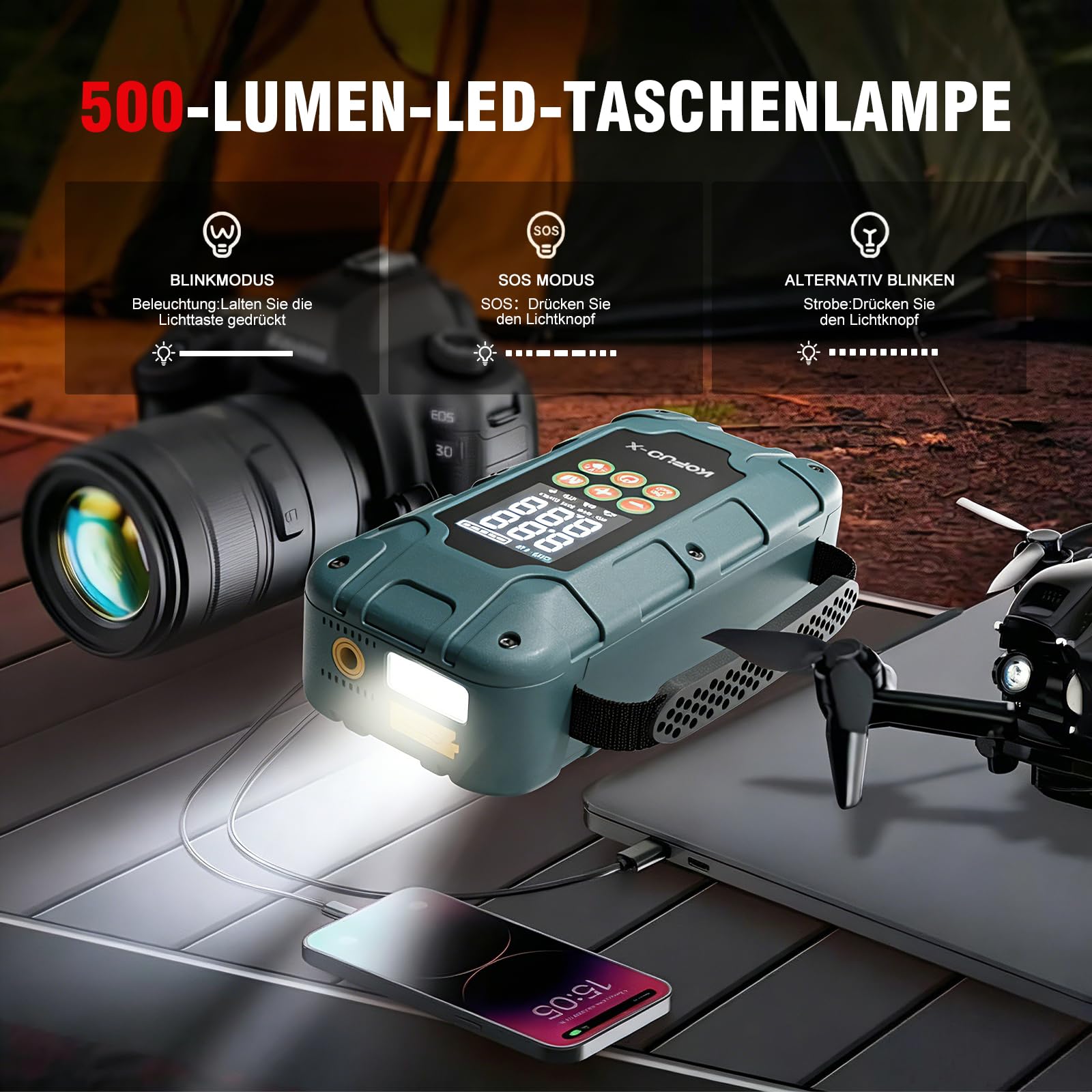 7000A Starthilfe Powerbank für PKW mit Kompressor für 12V Autos | 8000mAh 150PSI Handgriff Auto Starthilfe Powerbank für 8L Benzin & 6.5L Diesel, Jump Starter mit 3 USB-Ausgägen, LED-Licht