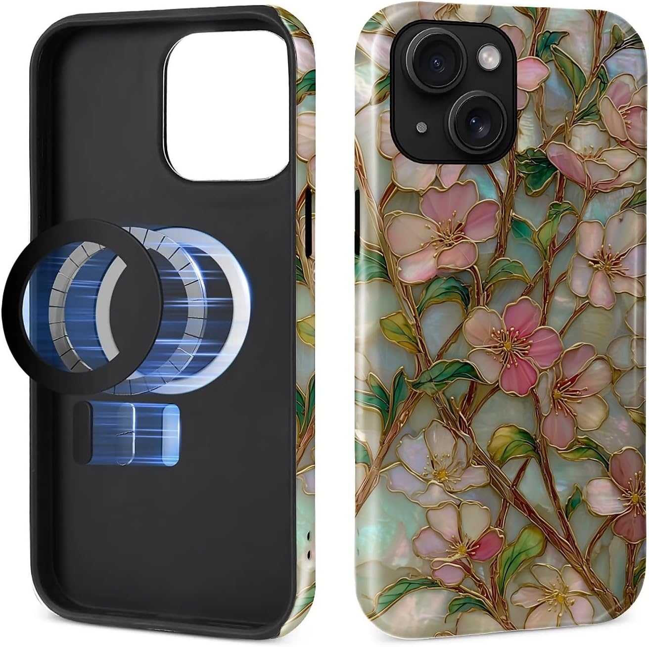 MQJCYB Magnetic Case for iPhone 15 Design,Compatible with MagSafe,Slim Protective Soft TPU Bumper Phone Cover Women Girls Case for iPhone 15-Wildflower Stained Glass Garden