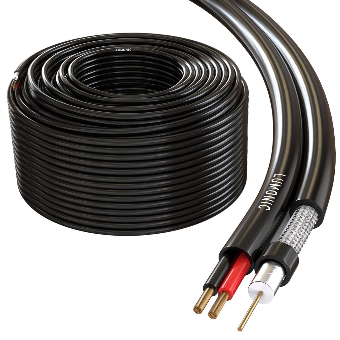 Lumonic RG59 RG59 Câble coaxial + Ligne électrique 100m | Câble de surveillance CCTV avec alimentation | Câble combiné 75 ohms, double blindage, 90dB Amortissement, Vidéo + Électricité