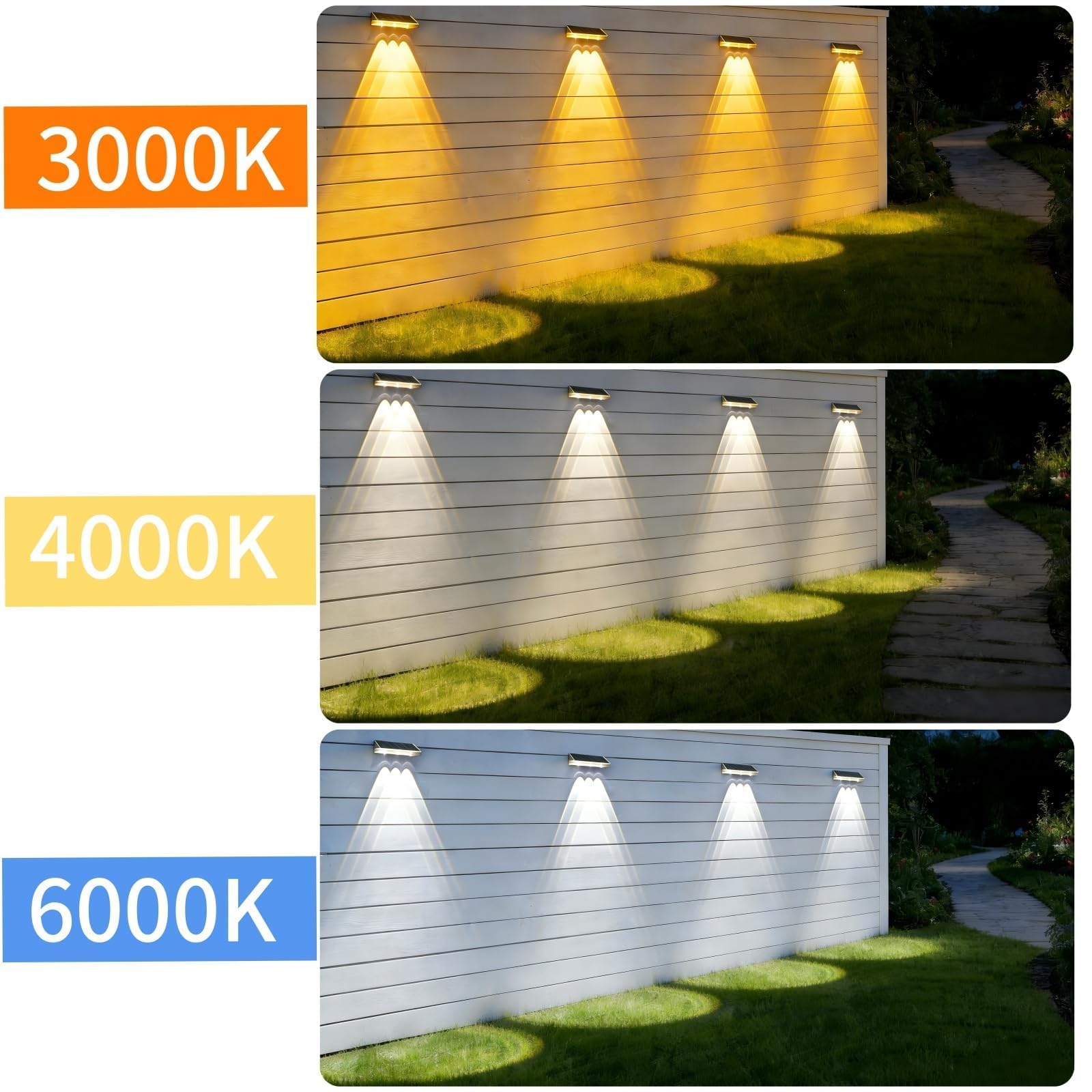 Luci Solare Muro Esterno Giardino, Lampada da Parete Solare, 3 Modalità di Temperatura del Colore, IP65 Impermeabile, Applique da Esterno Solari per Esterni Parete, Balcone, Recinzione, 4 Pezzi