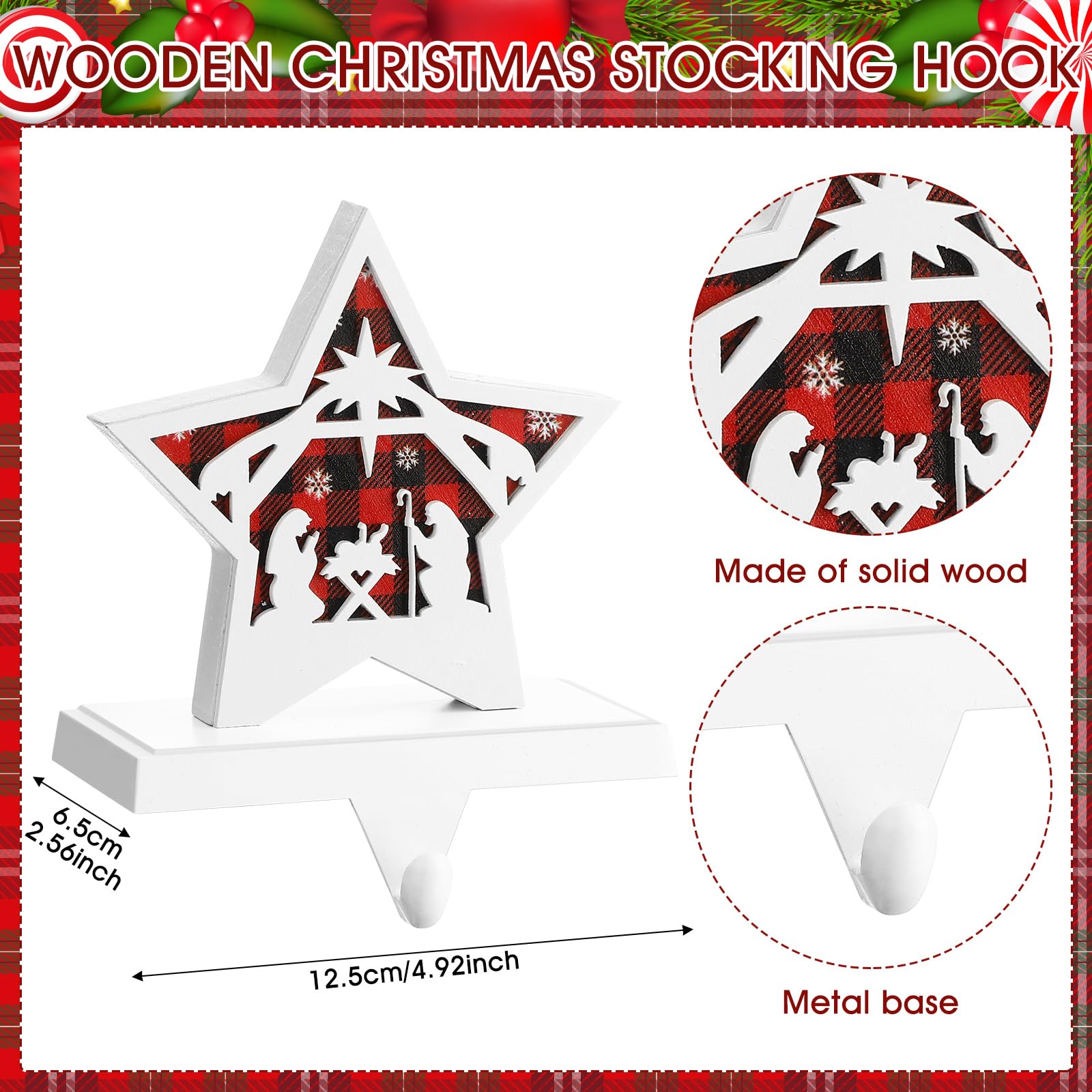 Hicarer Set of 4 Christmas Stocking Holders for Mantle Metal Wooden Stocking Hanger Farmhouse Rustic Stocking Hooks for Fireplace Mantel Decorations Holiday Party (Nativity)