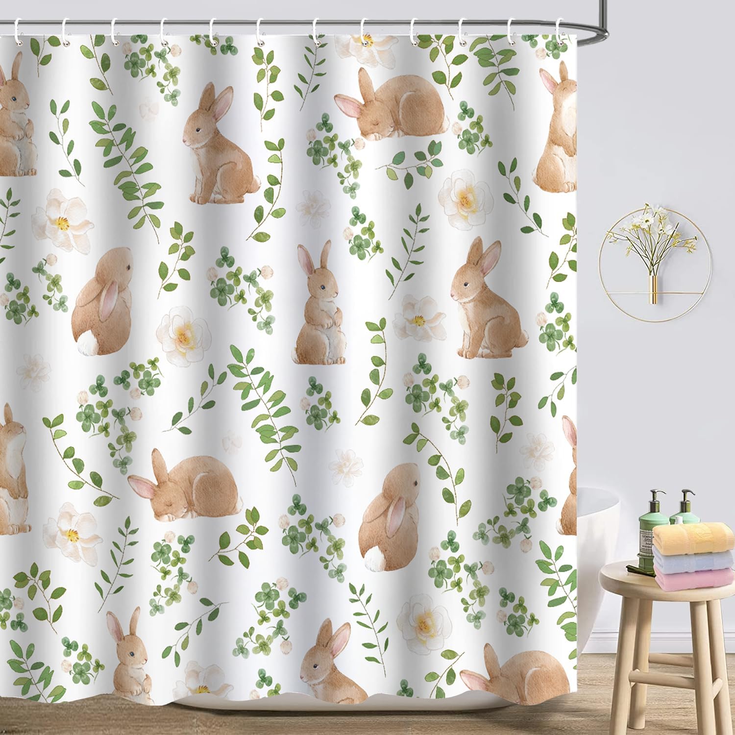Easter Shower Curtain, Watercolor Rabbit Shower Curtain Set, Spring Shower Curtains for Bathroom, Bathroom Curtains Shower Set for Bathroom Decor 72"X72"