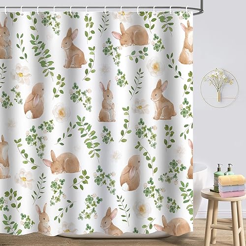 Cortina de ducha de Pascua, juego de cortina de ducha de conejo en acuarela, cortinas de ducha de primavera para baño, cortinas de baño para