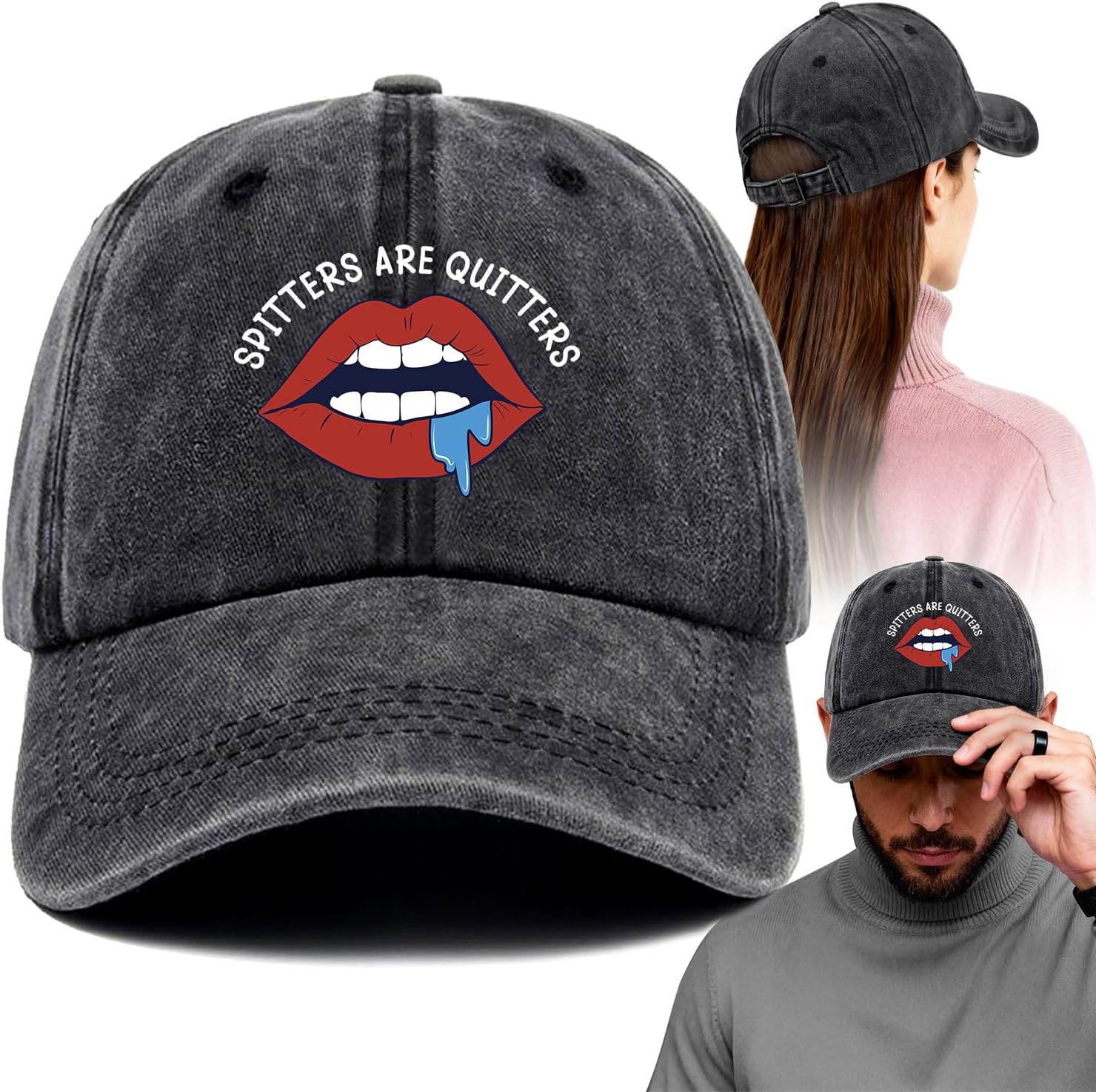 Spitters are Quitters Funny Printed Cotton Baseball Cap Adjustable Retro Washed Lightweight and Breathable Unisex Adult Humor Gag Sun Hat, Gift for Smokers Men Women Grandpa Dad Husband Friend Black