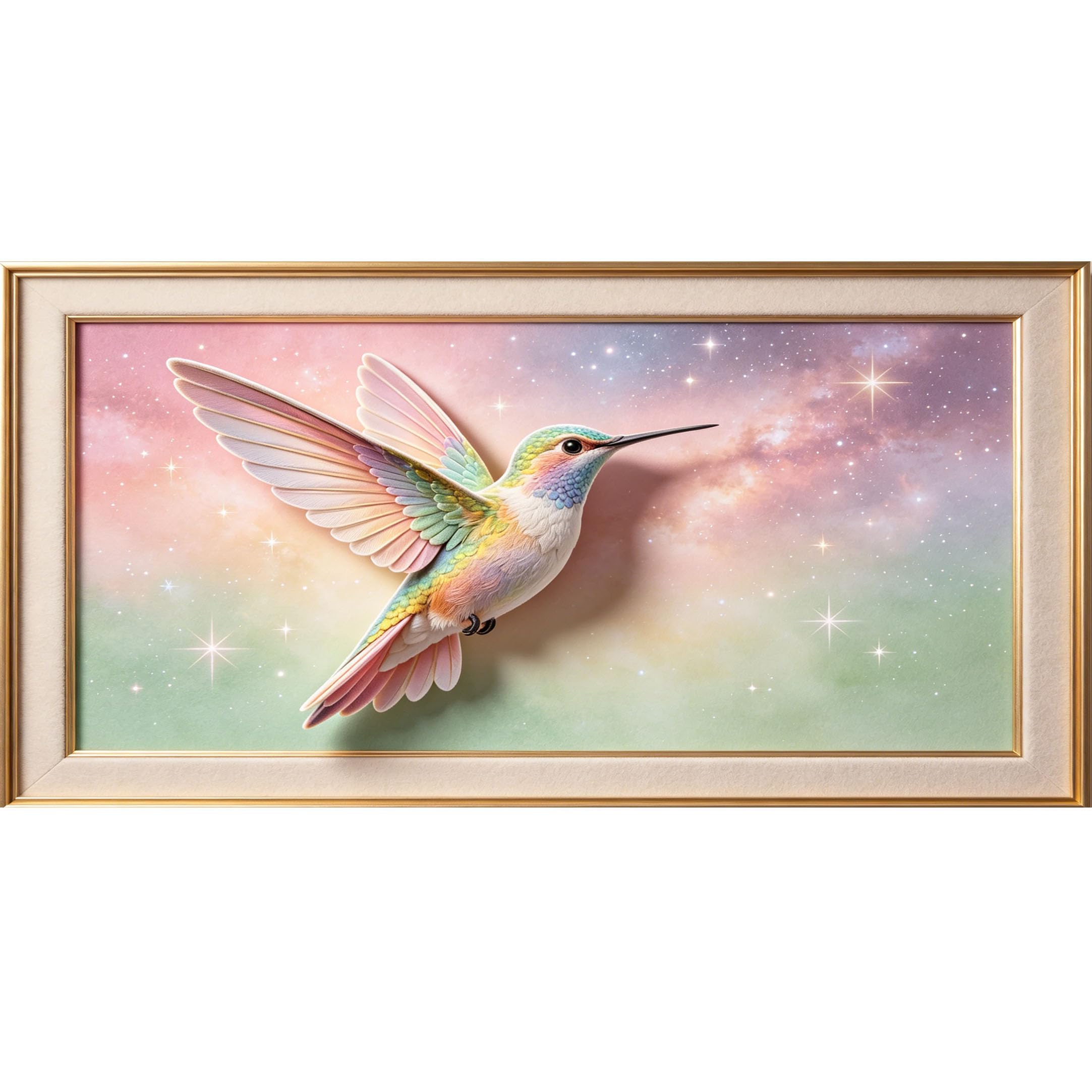 Agglomerix 3D Framed Wall Art Hummingbird Pastel Sky Stars Abstract Watercolor Relief Effect Large Size Self-Adhesive Removable Wall Decor Prints Artwork for Living Room Bedroom Office