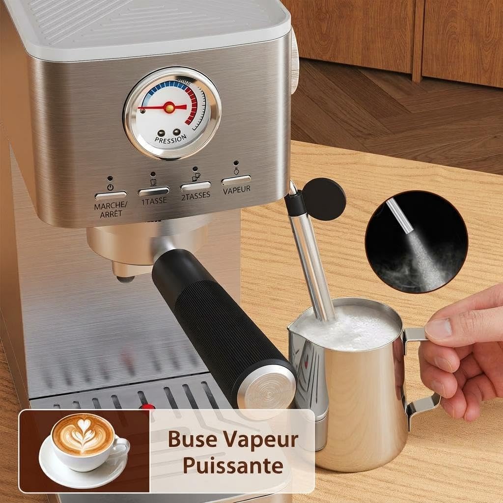 Acekool Máquina de espresso semiautomática 15 bares 1300W - Depósito 1,4L, manómetro, espumador manual - Calentador rápido, acero inoxidable, para café, capuchino, latte - plata (estándar europeo)