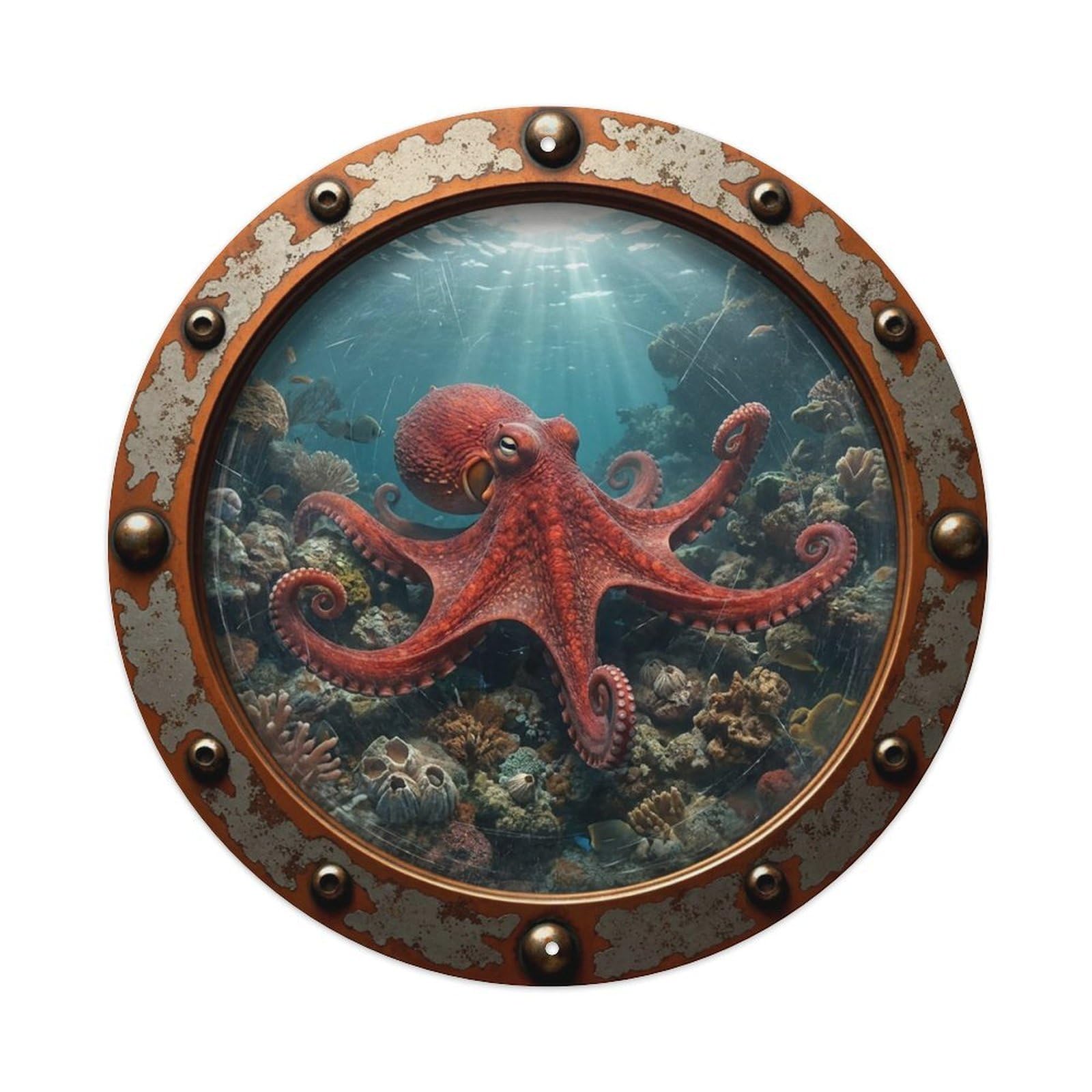 Gead 8X8inch Style Vintage Porthole Octopus Nautical Window View Metal Tin Sign