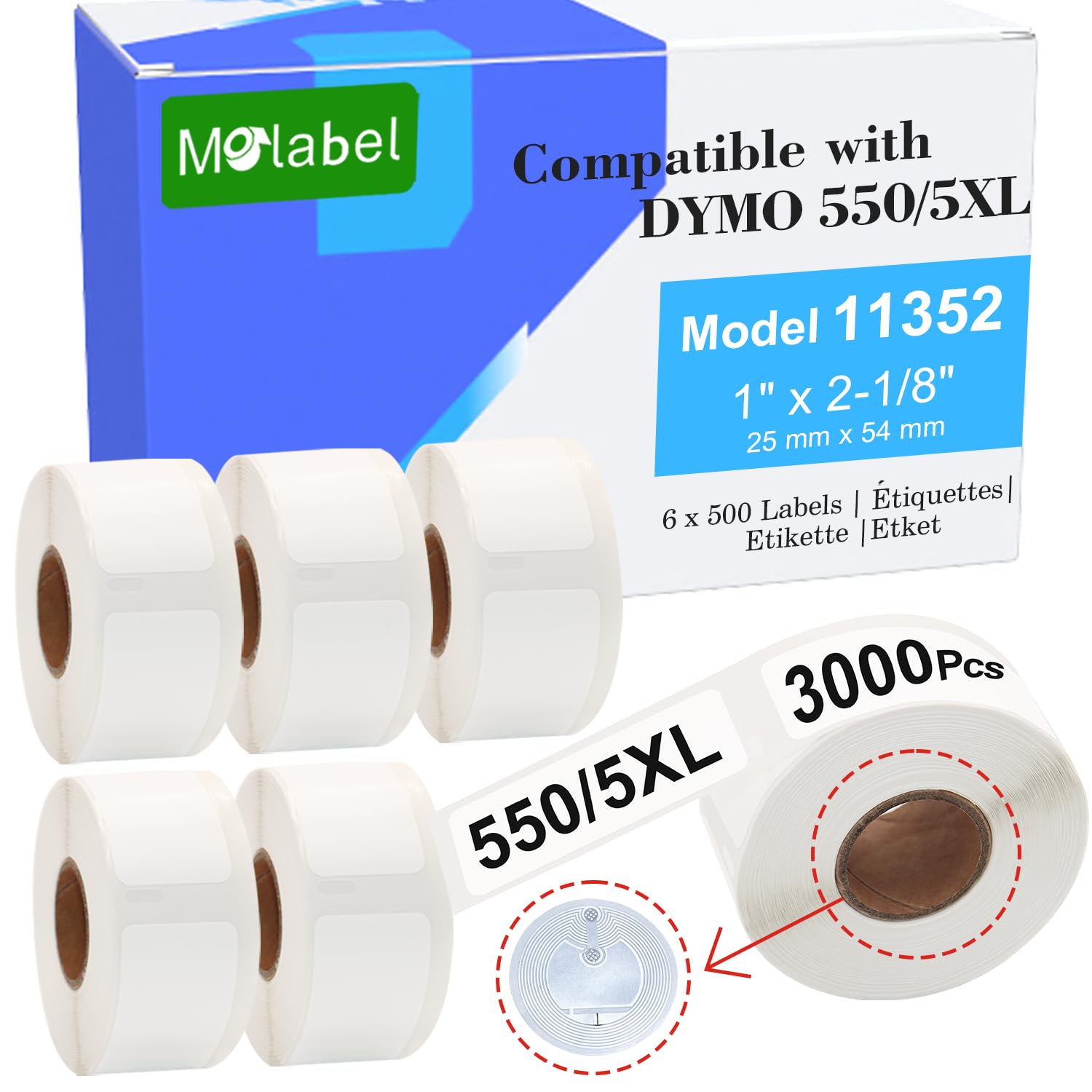 6 Rollen 11352 RFID Etiketten 25 x 54 mm für Dymo LabelWriter 550 | Ersatz für S0722520 mit RFID Chip und 500 selbstklebenden Etiketten je Rolle für Dymo LabelWriter 550
