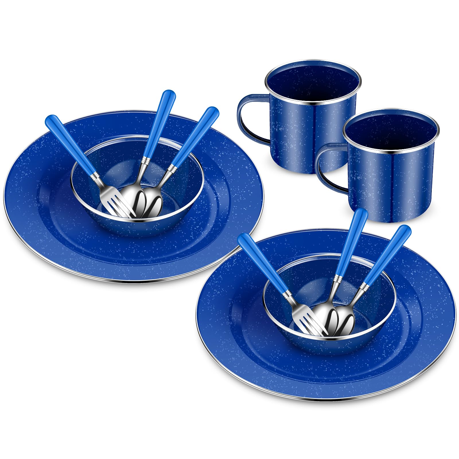 Nuogo 12 Pcs Enamel Camping Tableware Set Camping Complete Dinnerware Kit Coffee Mugs Plates Bowls Utensils Set with Knife Fork Spoon for 2 People Hiking Picnic, Blue
