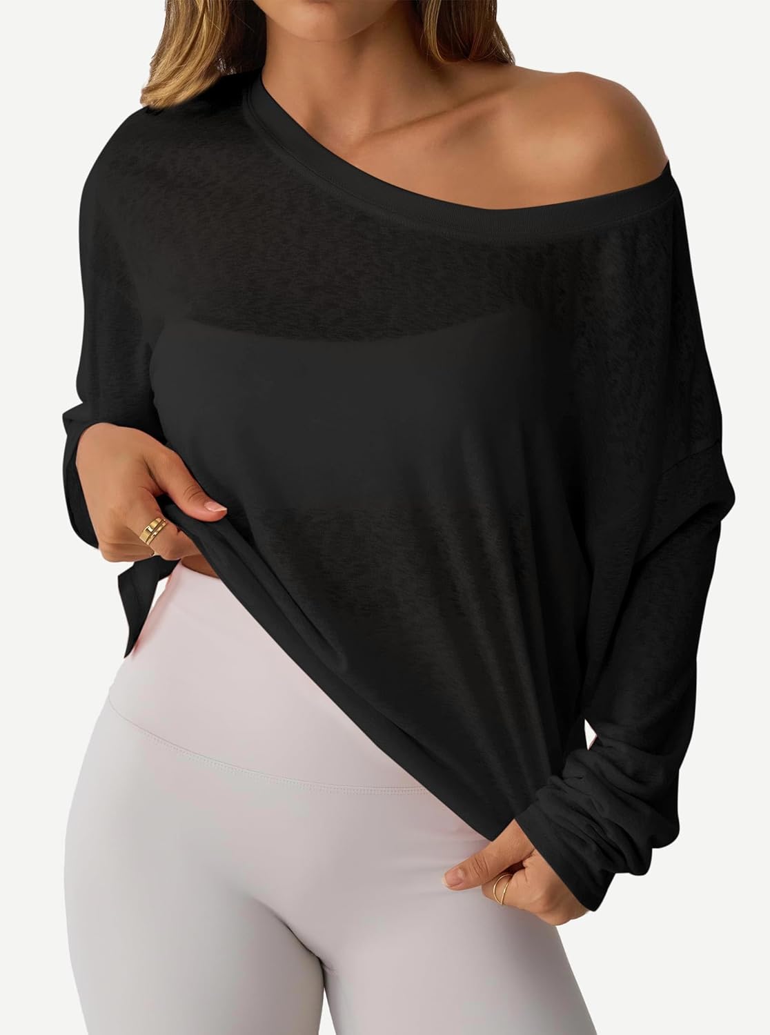 Hilinker Women's Sheer Off The Shoulder Tops Mesh Workout Sexy Long Sleeve T Shirt - Image 3