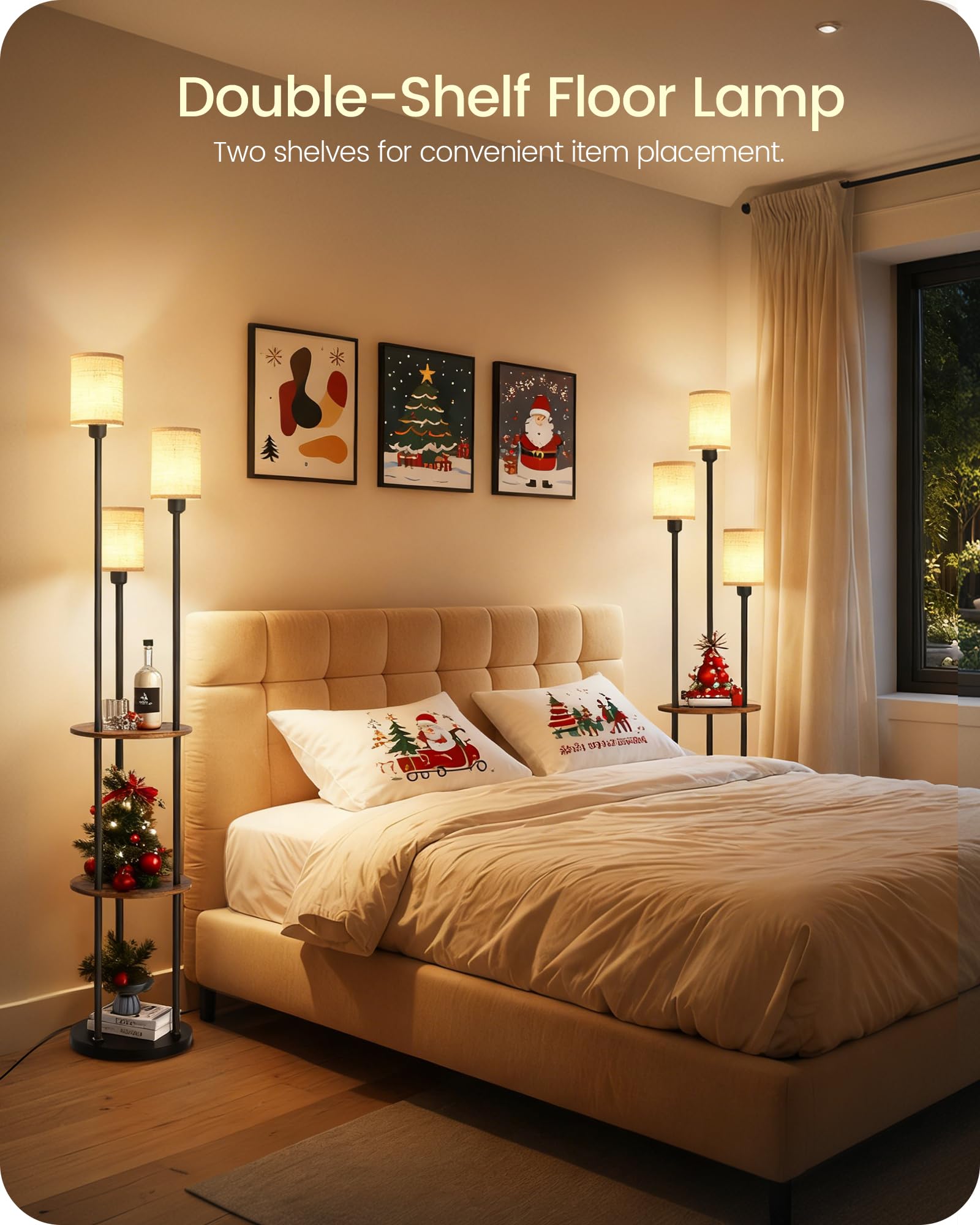GOEBLESON 70.9' Floor Lamp with Shelves, Modern Floor Lamp with 3 Linen Shades a — product photo