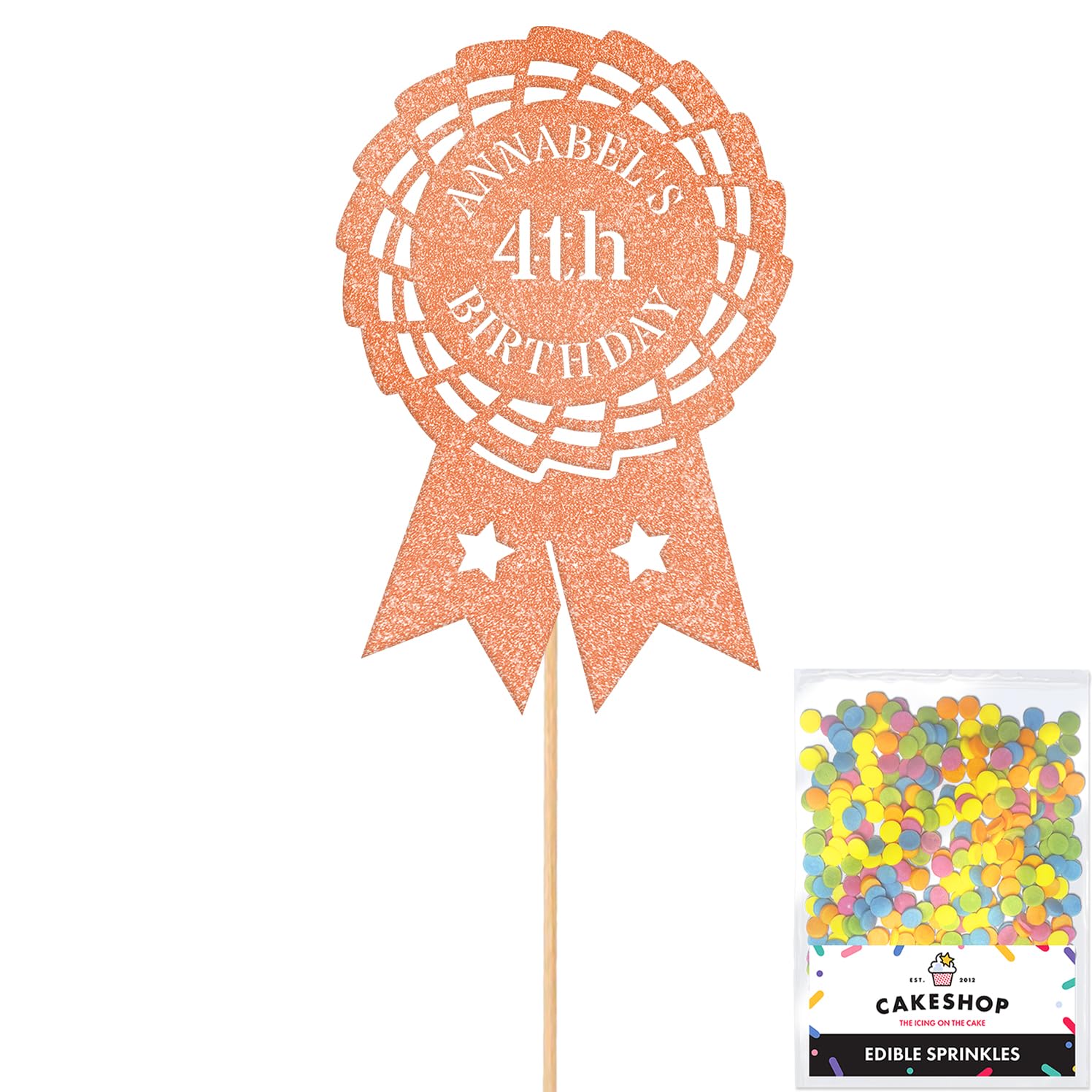 Personalised Horse Riding Rosette Award Glitter Cake Topper Rose Gold Custom Age & Name Glitter Cake Decoration and Sprinkles - Happy Birthday Decorations - Personalised Toppers for Cakes by Cakeshop