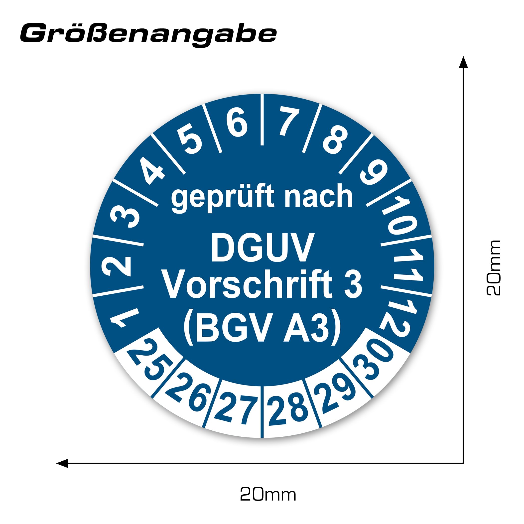 Prüfplaketten geprüft nach DGUV Vorschrift 3 BGV A3 Prüfaufkleber 2025-2030 Aufkleber Prüfetiketten Vinyl Plaketten Folie selbstklebend wasserfest LTA011 (100, Blau, ø20mm)