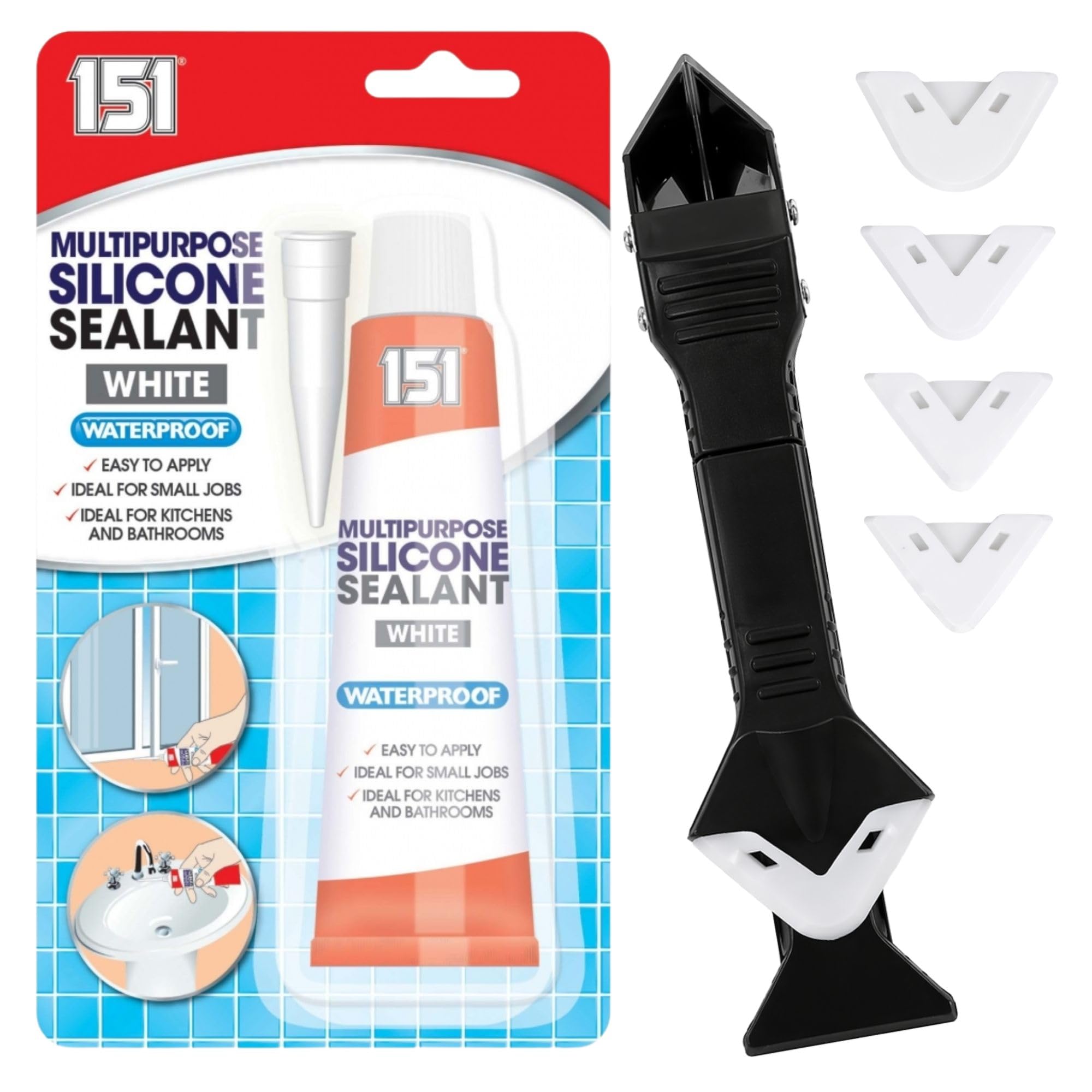 White Silicone Sealant 70g with Caulking Kit โ Waterproof Bathroom & Kitchen Use, Silicone Smoothing, Profiling & Remover Set for Bath, Shower, Window