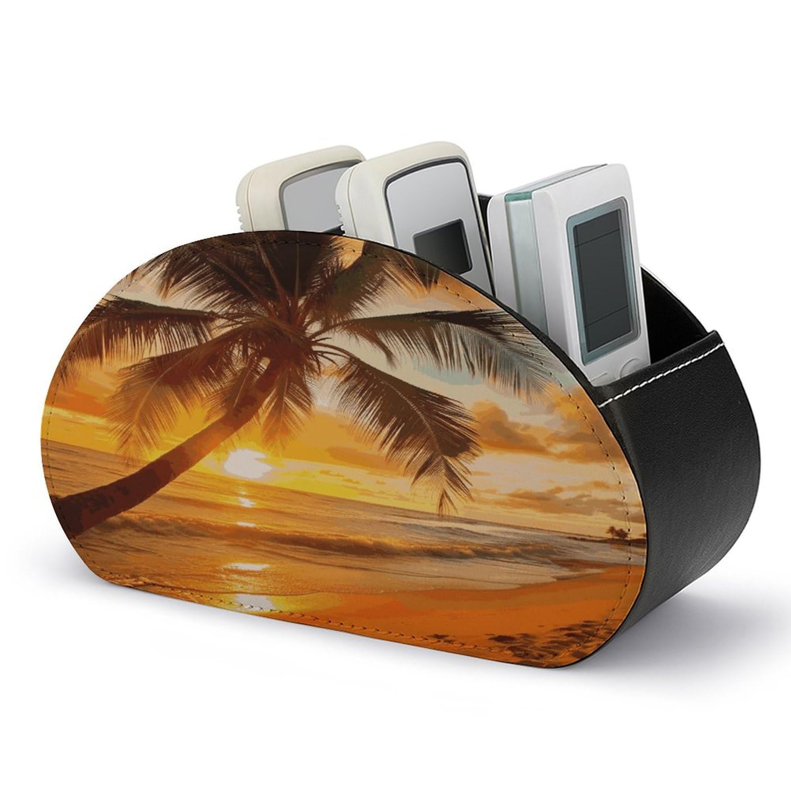FekiLoot Tropical Beach Palm Tree Sunset Remote Control Holder, PU Leather Remote Control Organizer Box Stationery Remote Control Box Desk Storage Organizer for DVDs,Glasses,Pens,Media Players