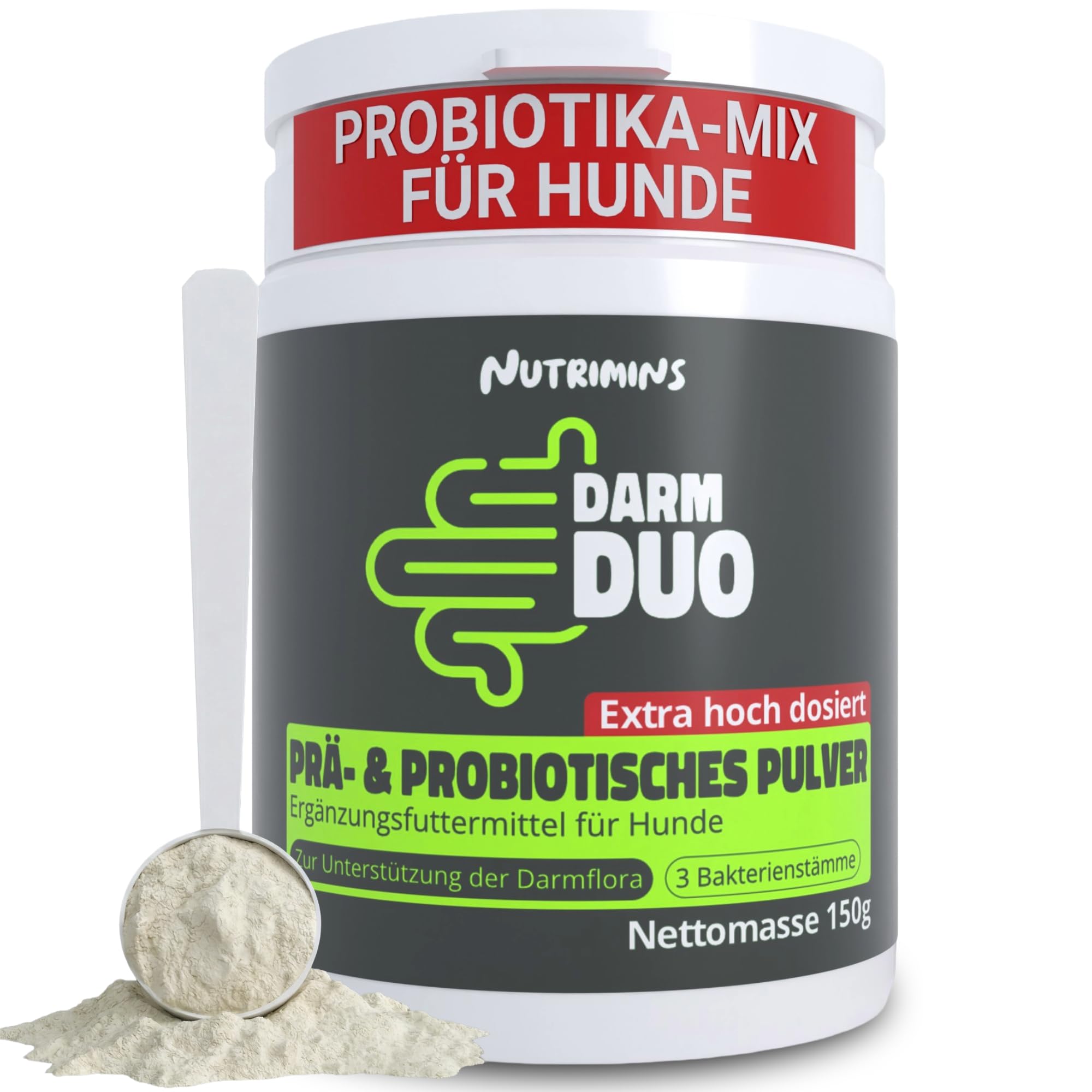 Probiotika & Präbiotika für Hunde Pulver – HOCHDOSIERT – Kann bei Darmflora Aufbau, Magen-& Darmkur, Grasfressen unterstützen – Mit Akazienfaser & 3 Stämmen – 150g Pulver – Reicht bis zu 10 Monate