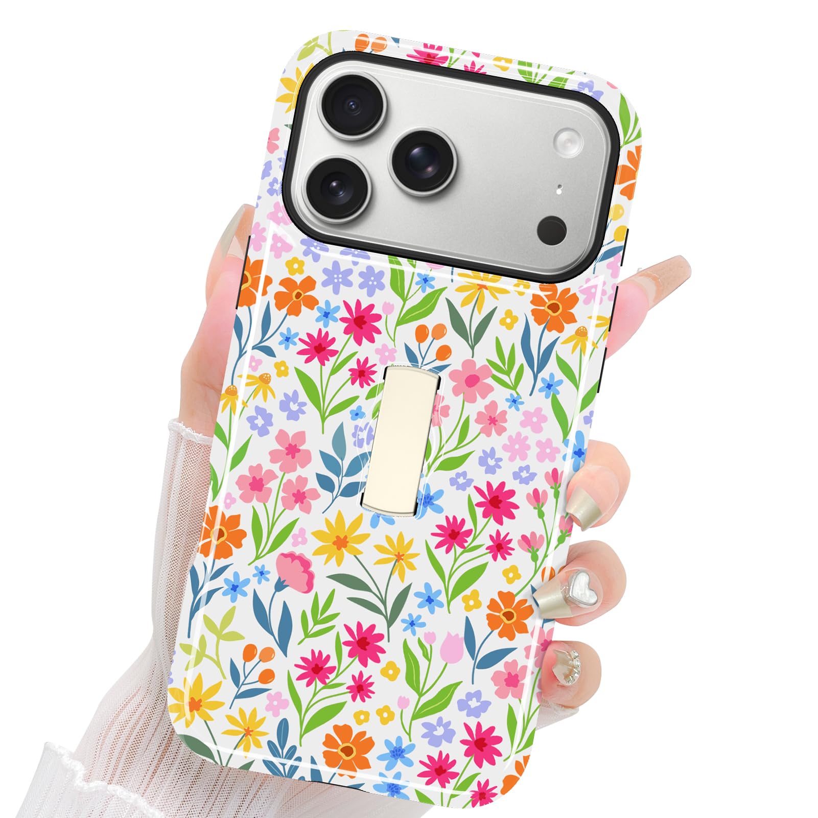Fiyart Funda magnética para iPhone 17 Pro Max, diseño floral con soporte para correa de muñeca, bonito patrón de flores compatible con MagSafe, soporte de agarre manos libres, antideslizante, a prueba