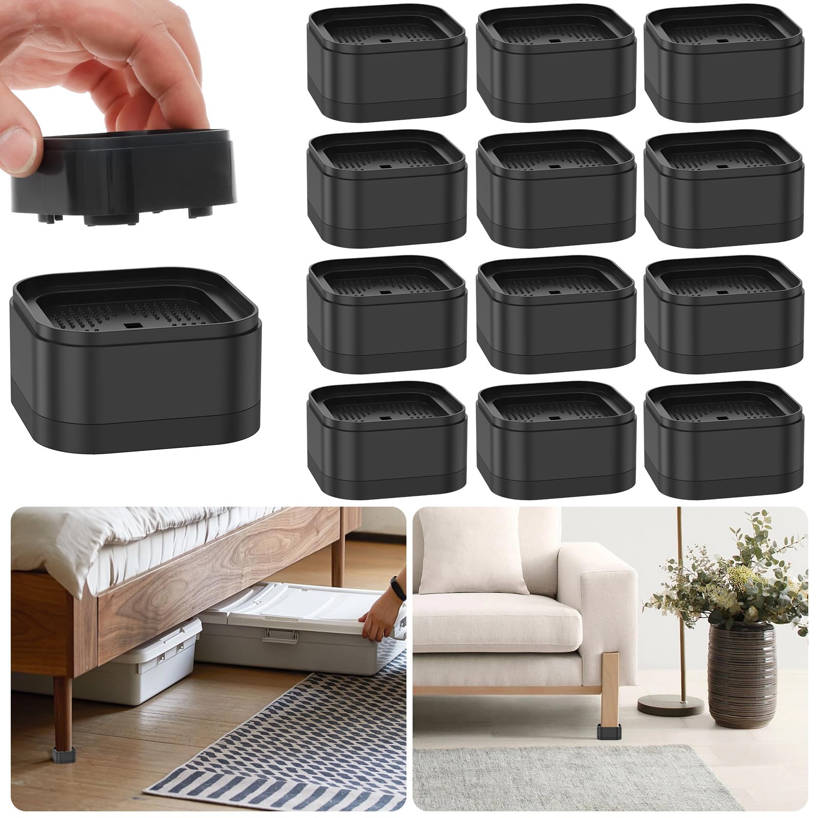 12 Piece Adjustable Furniture Risers with Nonslip Bottom Stackable Bed Lifter Versatile Bed Raising Blocks 3.5cm Table Leg Extenders for Table Desk Couch Chair Sofa Cabinet Beds Legs (Black-12pcs)