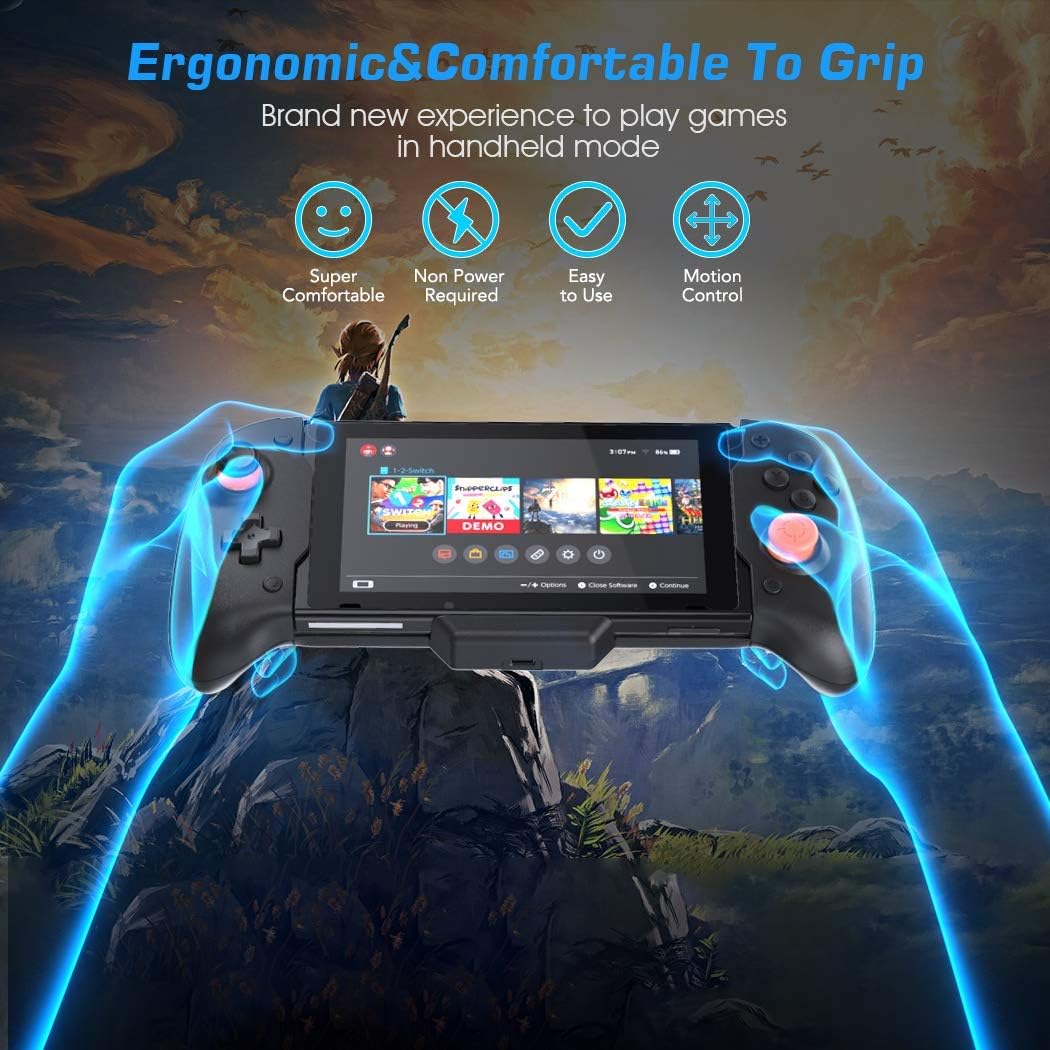 OIVO Switch Controller Grip with Nintendo Switch console inserted, held by hands, showing ergonomic design.