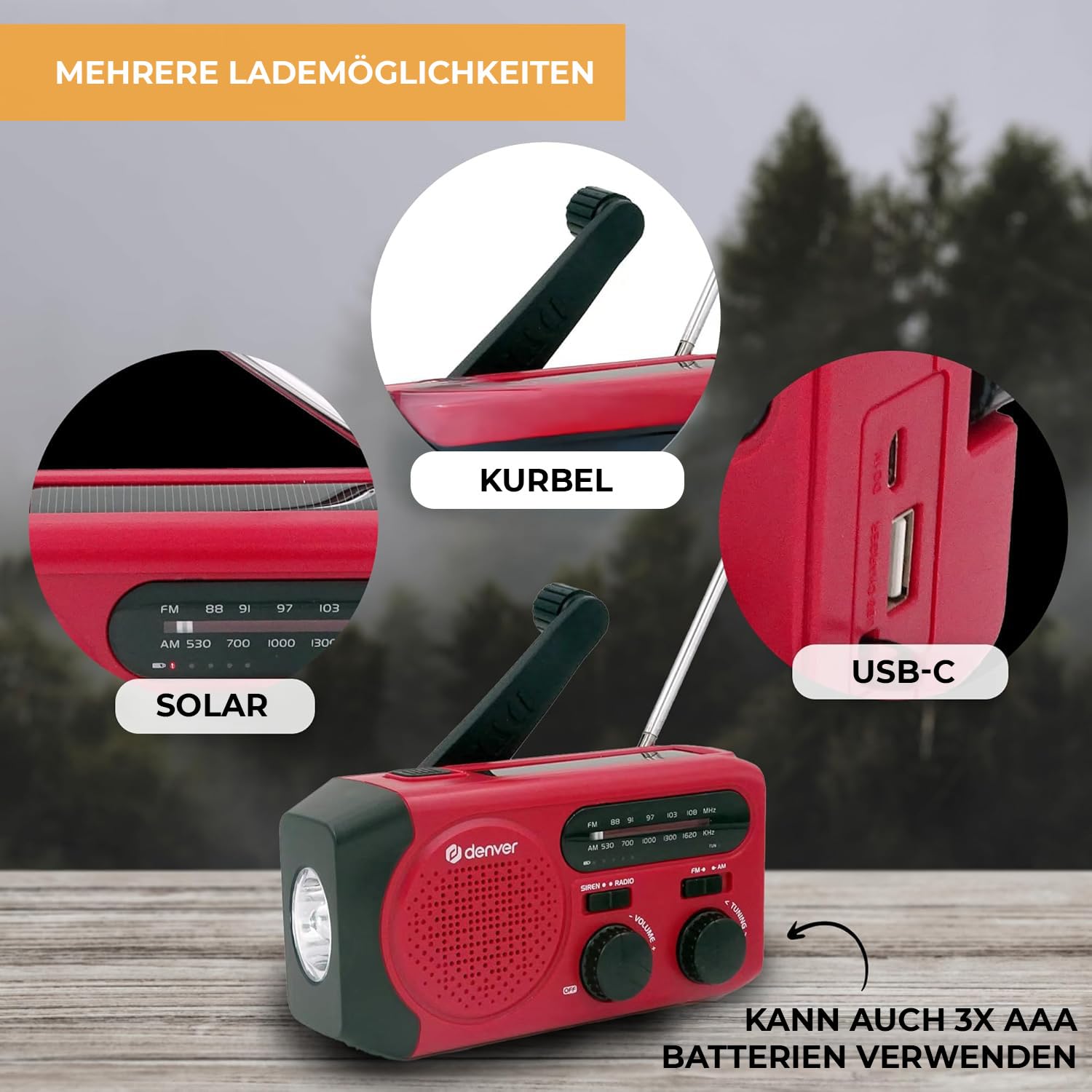 Denver SCR-2010MK2 Kurbelradio Notfallradio Solar – AM/FM Weltempfänger mit Handkurbel - Solarpanel - 2000mAh Powerbank - LED Taschenlampe & SOS – Radio für Notfall - Camping & Outdoor