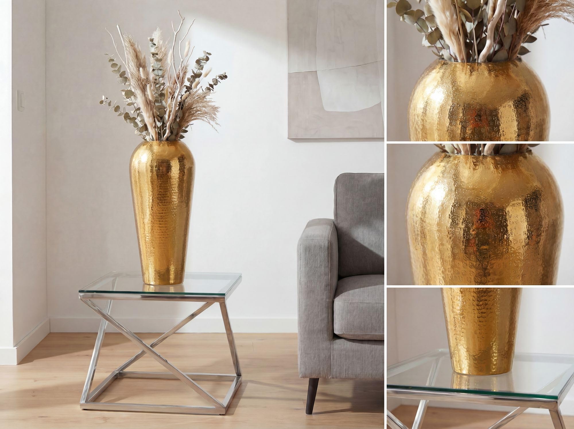 FineBuy Dekovase 23x23x50 cm Aluminium Gold, Bodenvase Gehämmert | Standvase in schlanker Form, Blumenvase handgefertigt, Wohndeko für Wohnzimmer, Esszimmer und Flur
