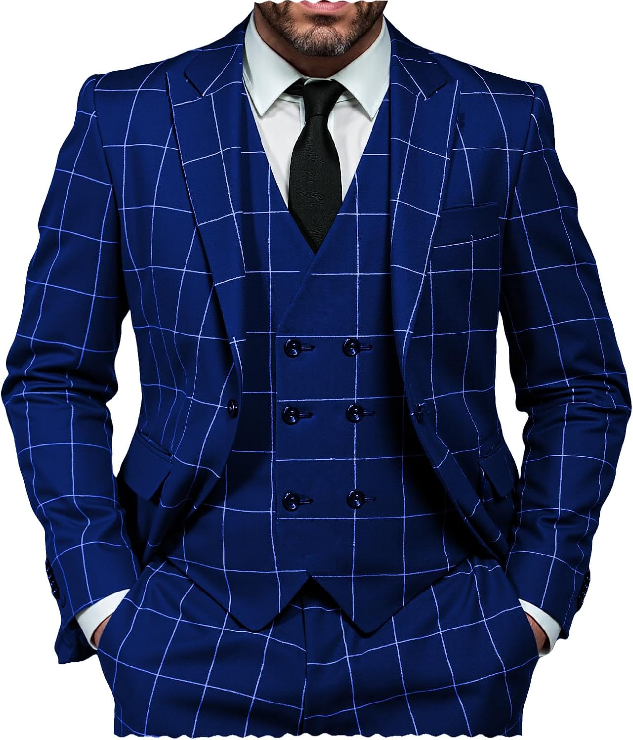 Mens 3 Pieces Plaid Suits Slim Formal Suit Jacket Vest & Pants Sets Prom Wedding Groom Tuxedo Set