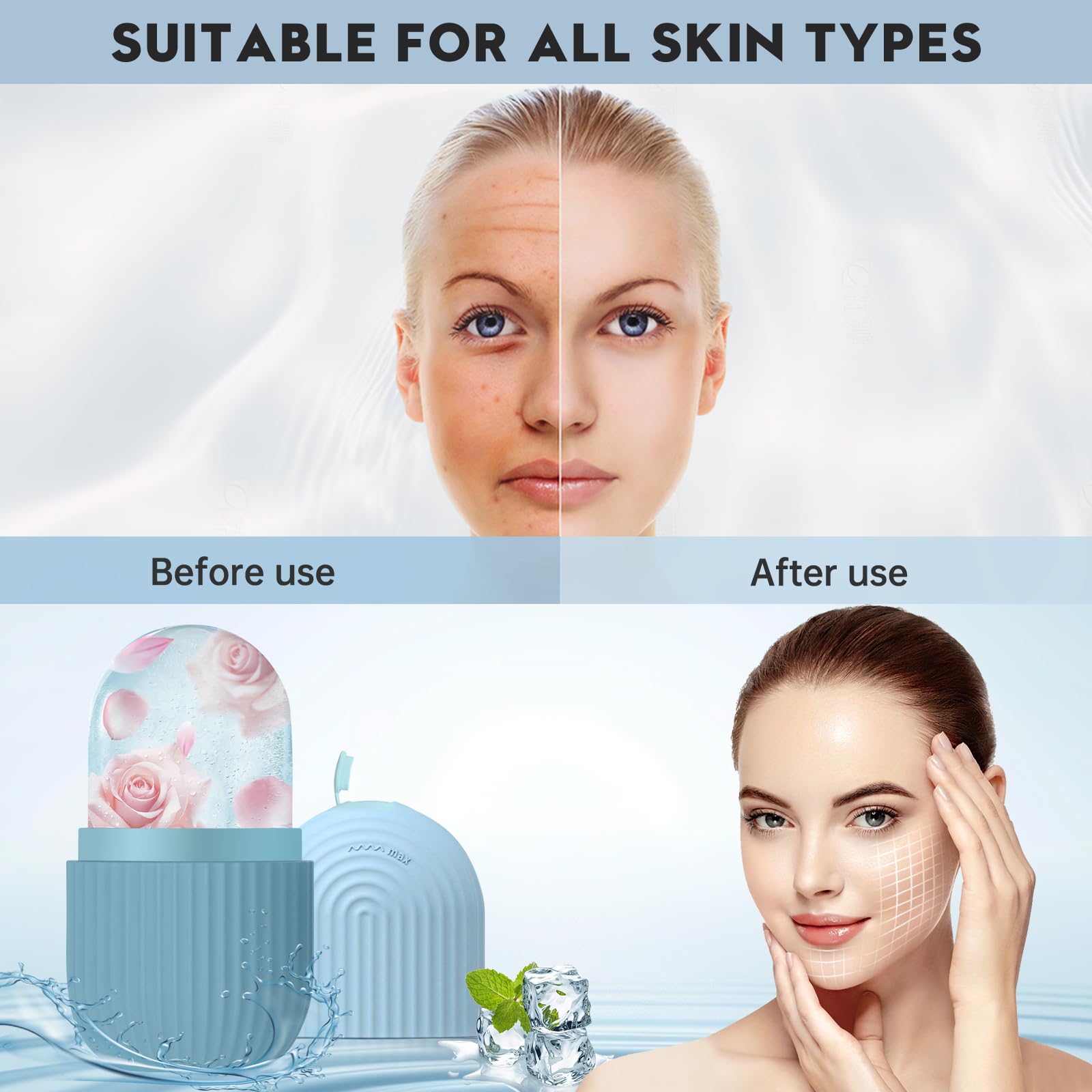 Ice Roller Viso, Riutilizzabile Rullo di Ghiaccio Facciale, Eye Ice Massage in Silicone, Bellezza del Viso per Tonificare Viso Serrare e la Pelle Alleviare Gonfiore Riduci i Pori (Blu)