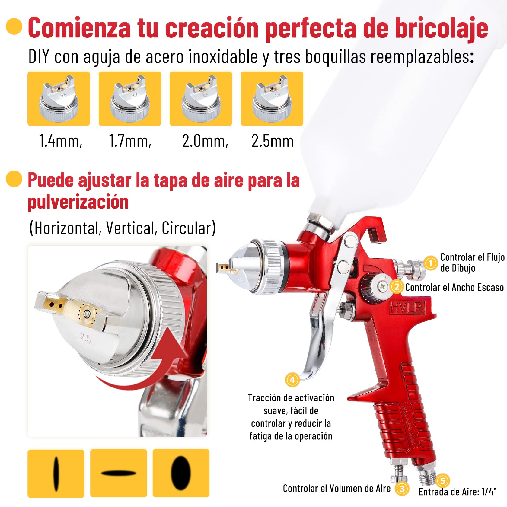 CarBole Pistola de Pintura HVLP con Taza 1000cc y 4 Boquillas