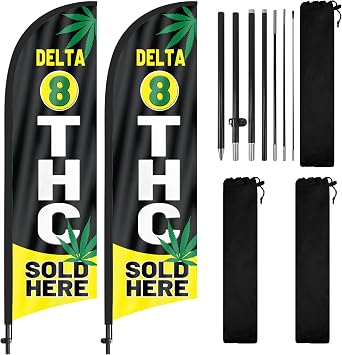 Delta 8 THC Sold Here Feather Flag Banner 2-Pack, 8FT Advertising Swooper Flags with Pole Set and Ground Stake, Outdoor Business Sign