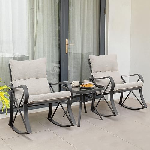 Miniatura 2 de COSIEST Juego de 3 sillas mecedoras para patio, muebles de exterior con cojines beige, mesa de cristal para jardín, piscina, patio trasero