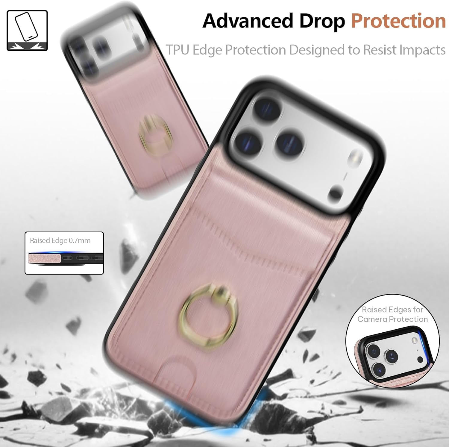 LOHASIC for iPhone 17 Pro Wallet Case with Ring Holder, 5 Card Slots & RFID Blocking, PU Leather Vertical Flip Case with Kickstand, Finger Ring Grip Card Holder 6.3" Cover for Women Men, Rose Gold