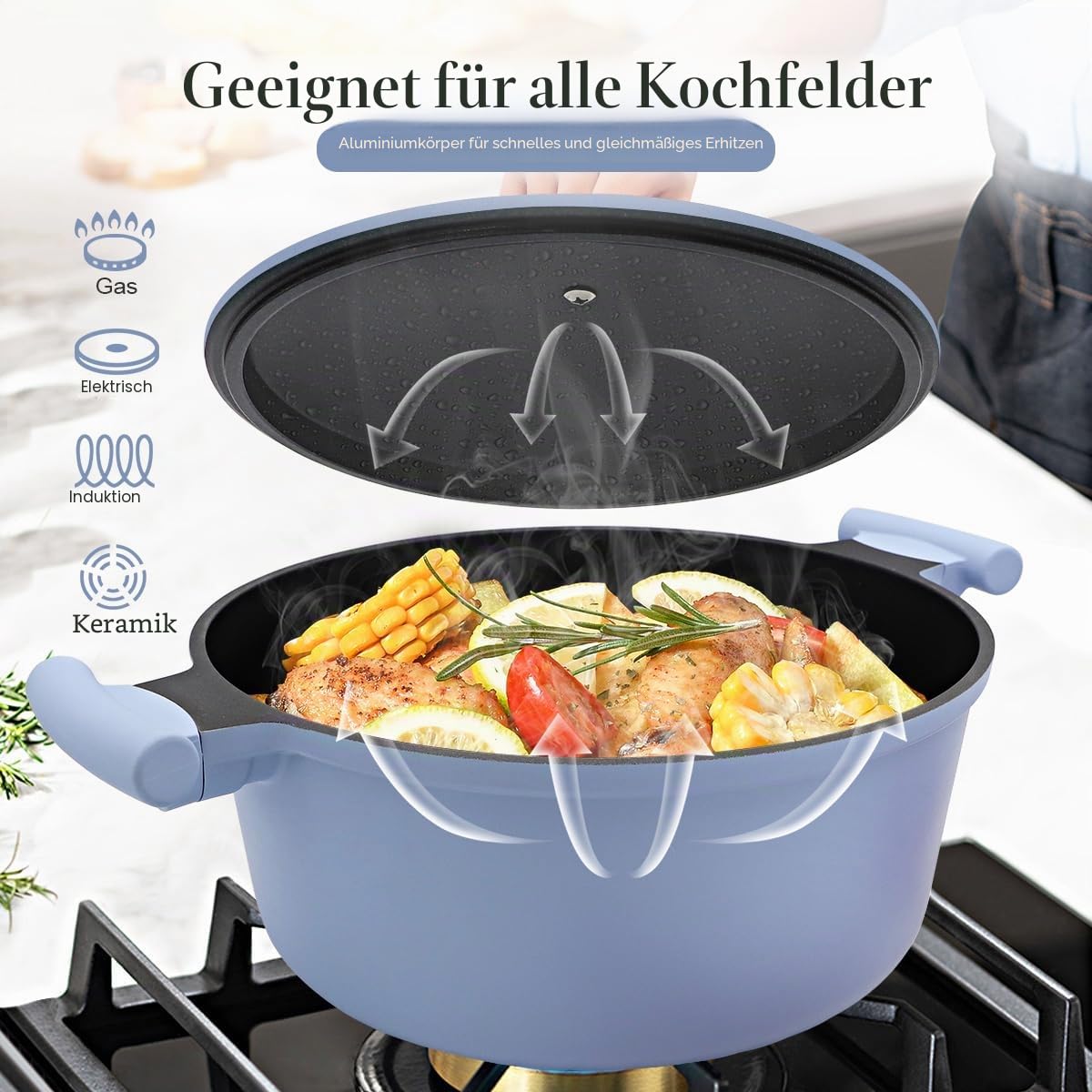 7L Suppentopf 28 cm mit Aluminium Deckel, Leicht und Langlebig, Antihaft-Kochtopf mit kühl bleibendem Griff, PFOA-frei- Blau