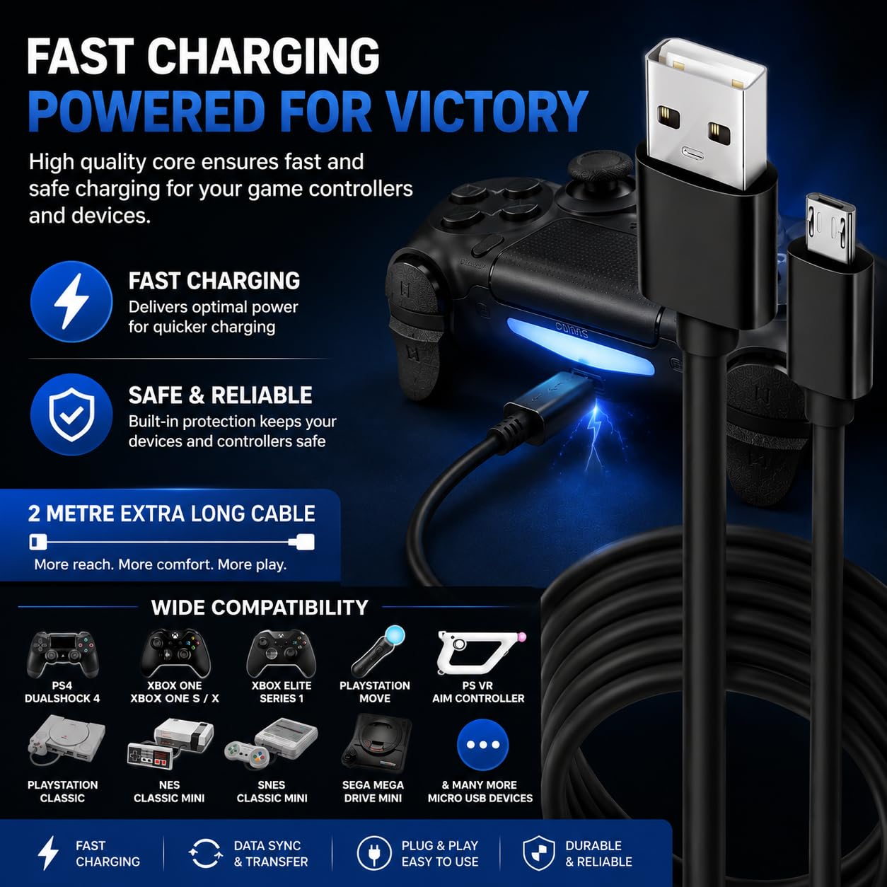 Dragon Trading Cable USB 2 m Carga Rápida para Mando PS4 DualShock 4 y Xbox One – Play & Charge, Largo y Resistente, Compatible con Carga en Modo Reposo