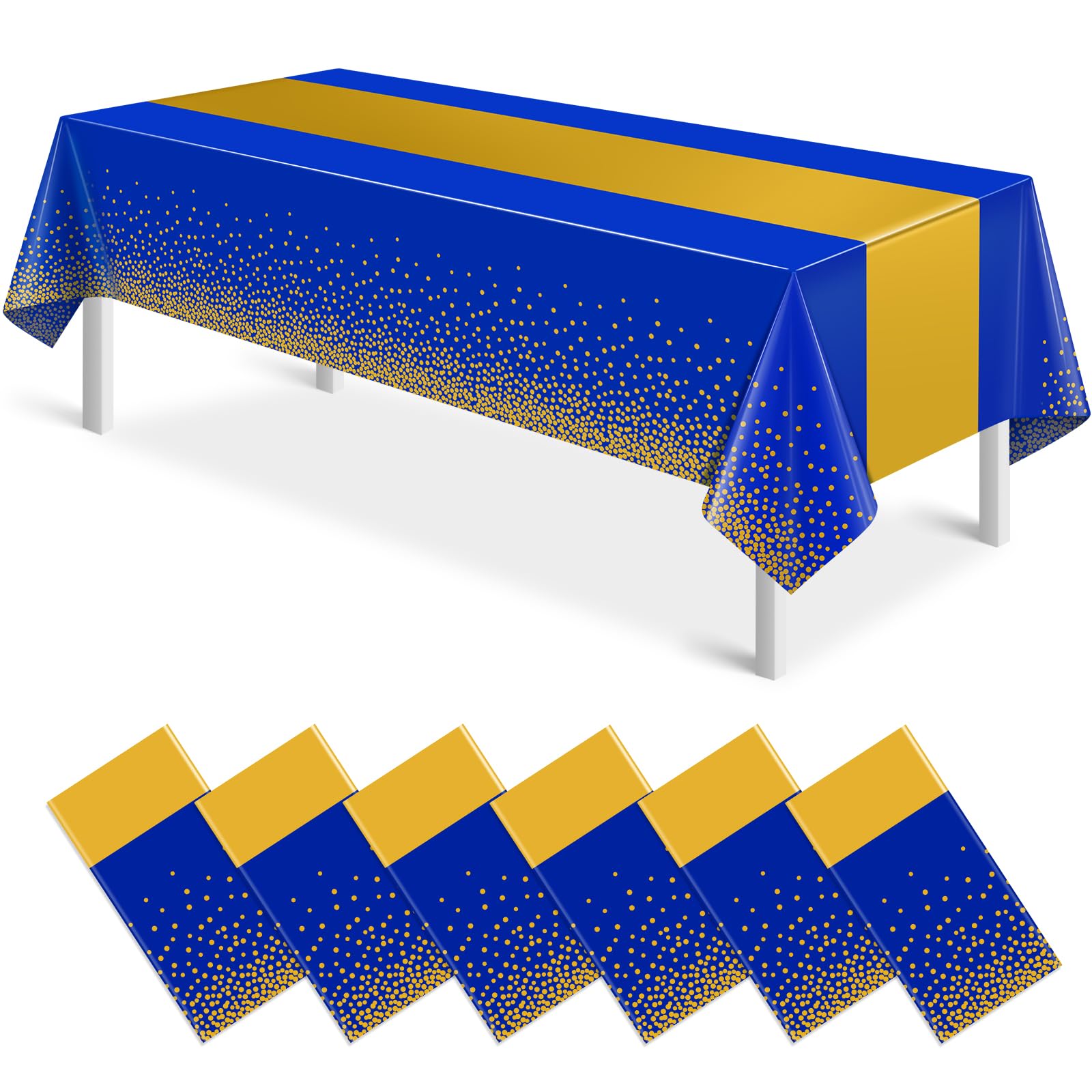 6 manteles azules y dorados para decoración de fiesta, mantel de plástico azul real impreso dorado, camino de mesa rectangular desechable para cumpleaños, aniversario, boda, fiesta de graduación, 54 x