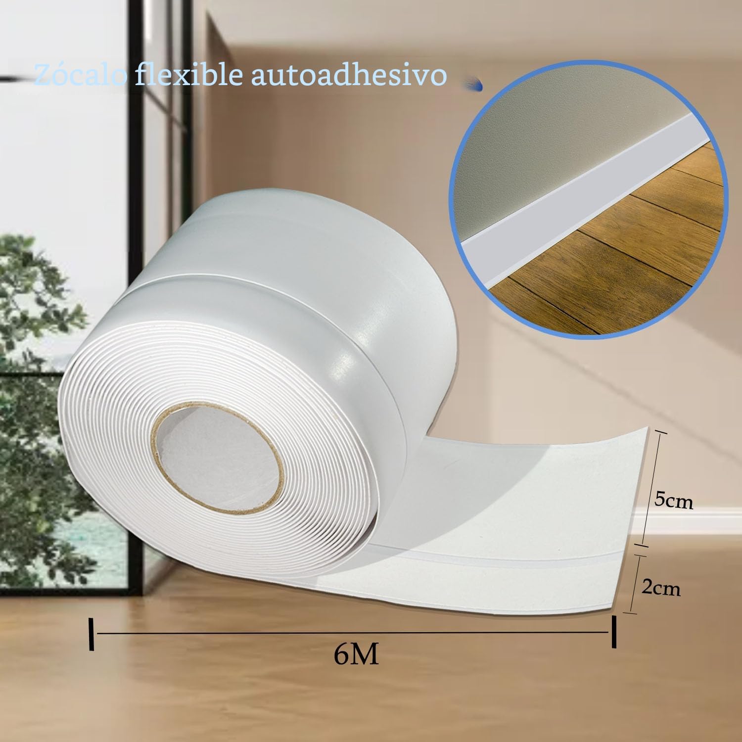 Rodapiés Autoadhesivo Flexible, 6M 50 x 20mm Perfil PVC, Rodapie de Acabado Rodapiés Flexible Cinta Autoadhesiva para Cocina y Baño Blanco