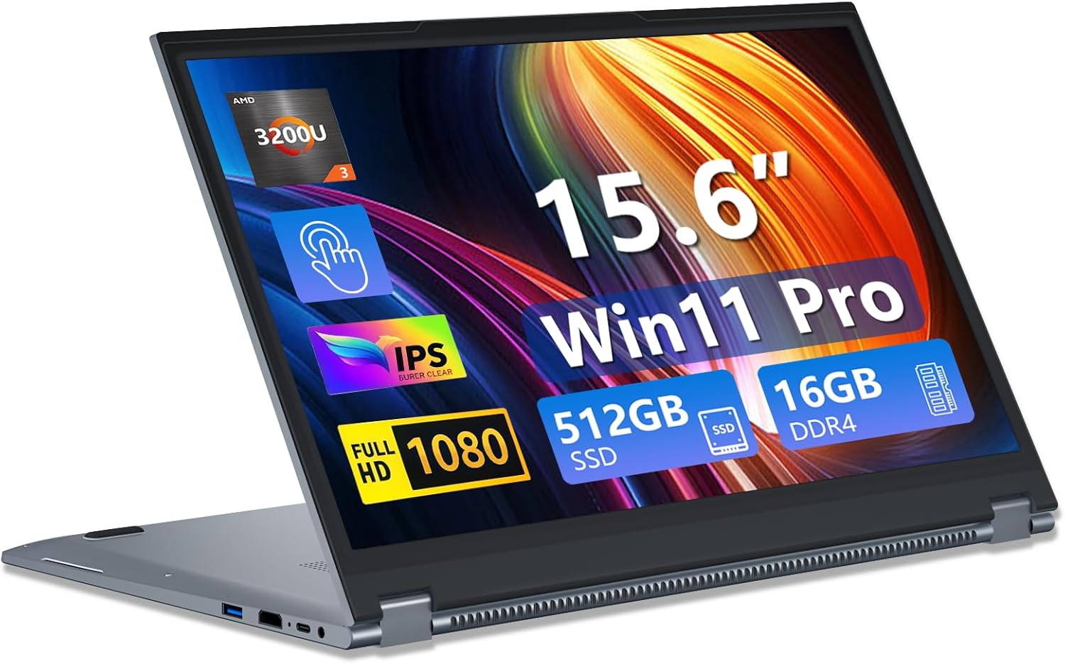 2 in 1 Laptop, 15.6″ Convertible Laptop Computer, 16GB DDR4 512GB SSD Touchscreen Notebook, Lap top with AMD Ryzen R3 3200U, AMD Radeon, 1080p Display, Win 11 Pro, WiFi5, BT5.1, Backlit Keyboard