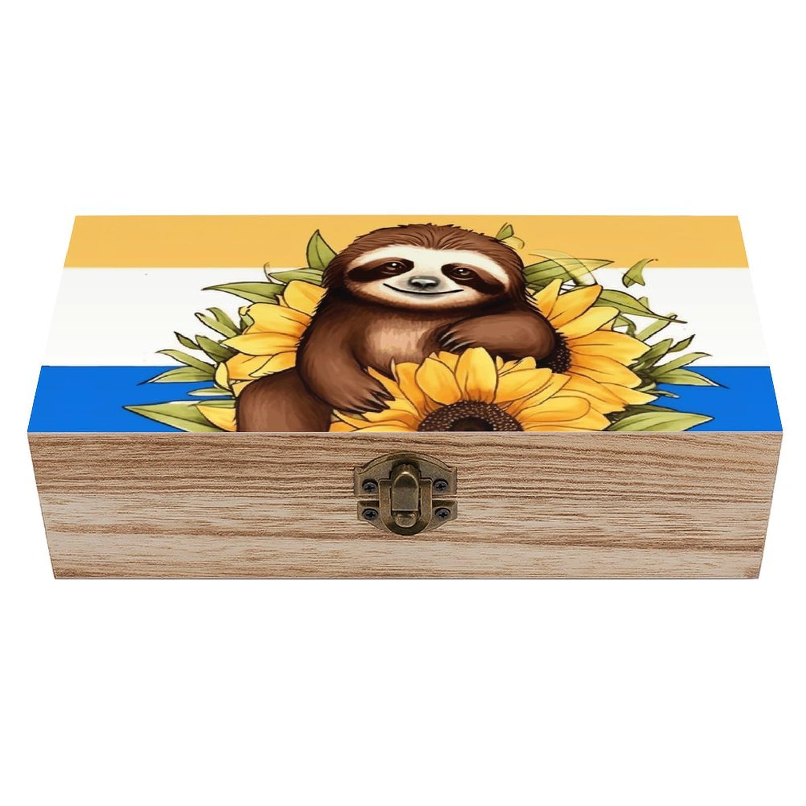 JTREHY Wooden Storage Box Container,Cartoon Sloth Sitting on Sunflowerprinted Desk Storage Box Room Decoration Box Souvenir Storage Box for Jewelry Gift Storage And Home Decoration