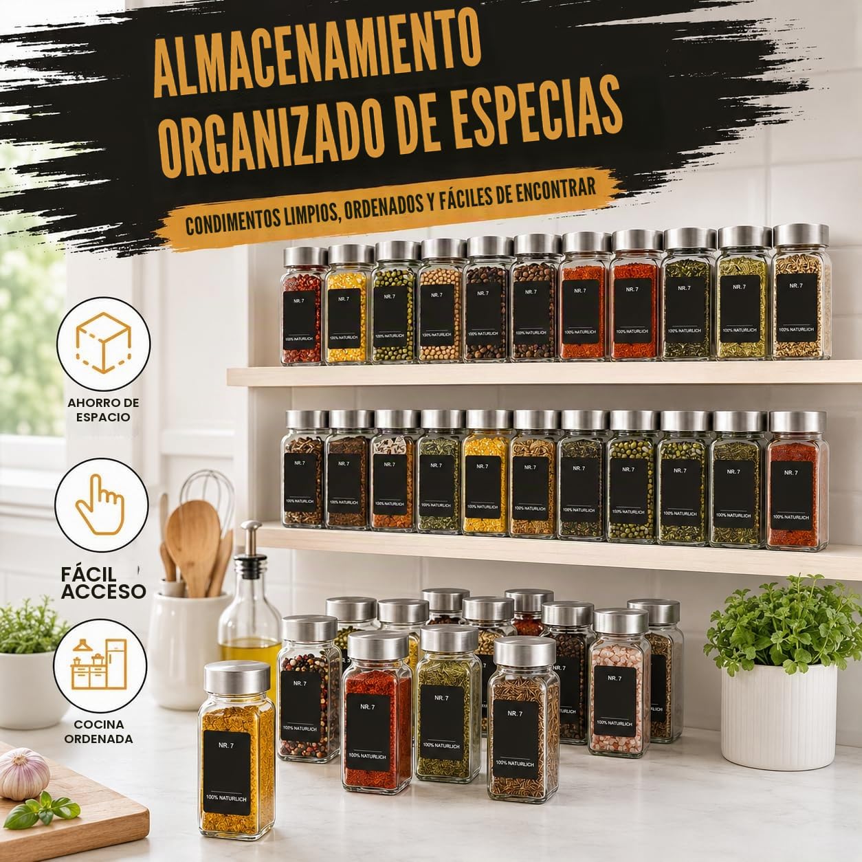 35 tarros de especias cuadrados, 120 ml botes especias cristal, con 120 etiquetas negras bellamente impresas, botes transparentes para especias cocina con tapa de acero inoxidable.