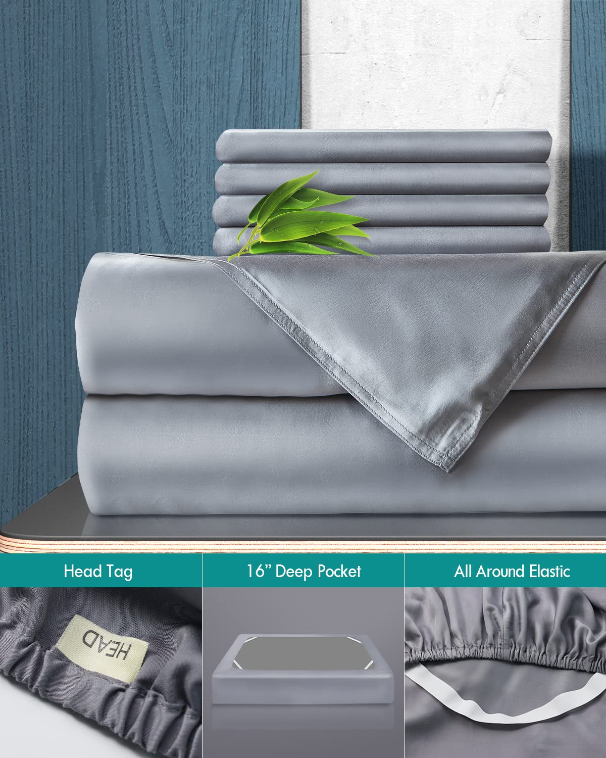 Kaisa Queen Sheets 6Pcs Set, Viscose from Bamboo, Cooling Sheets with 16" Deep Pocket for Hot Sleepers, Breathable and Soft, Luxury Hotel Queen Sheets, Grey
