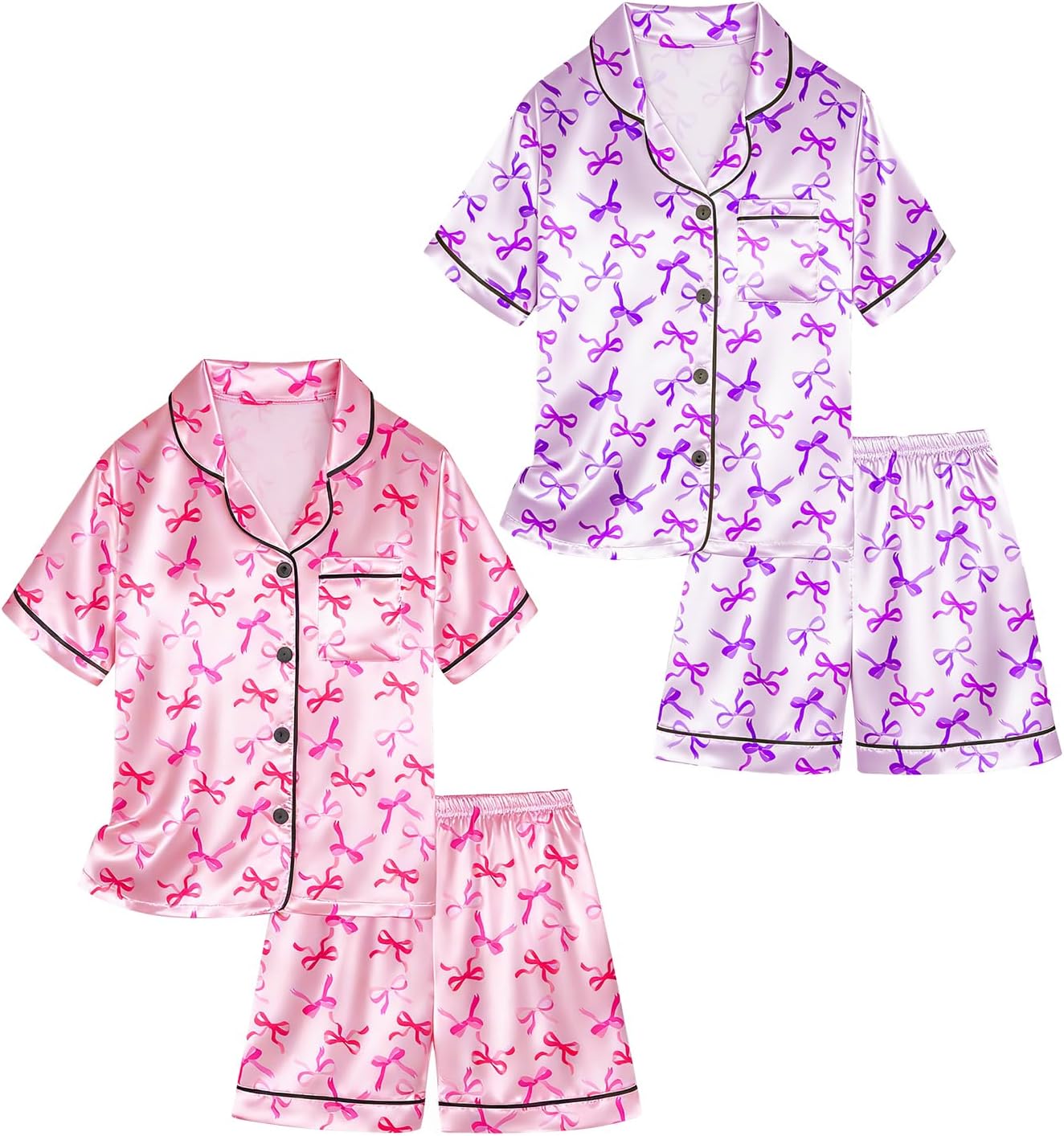Satin Pajamas for Girls, 4-Piece Short Sleeve Button Down Silky PJ Set