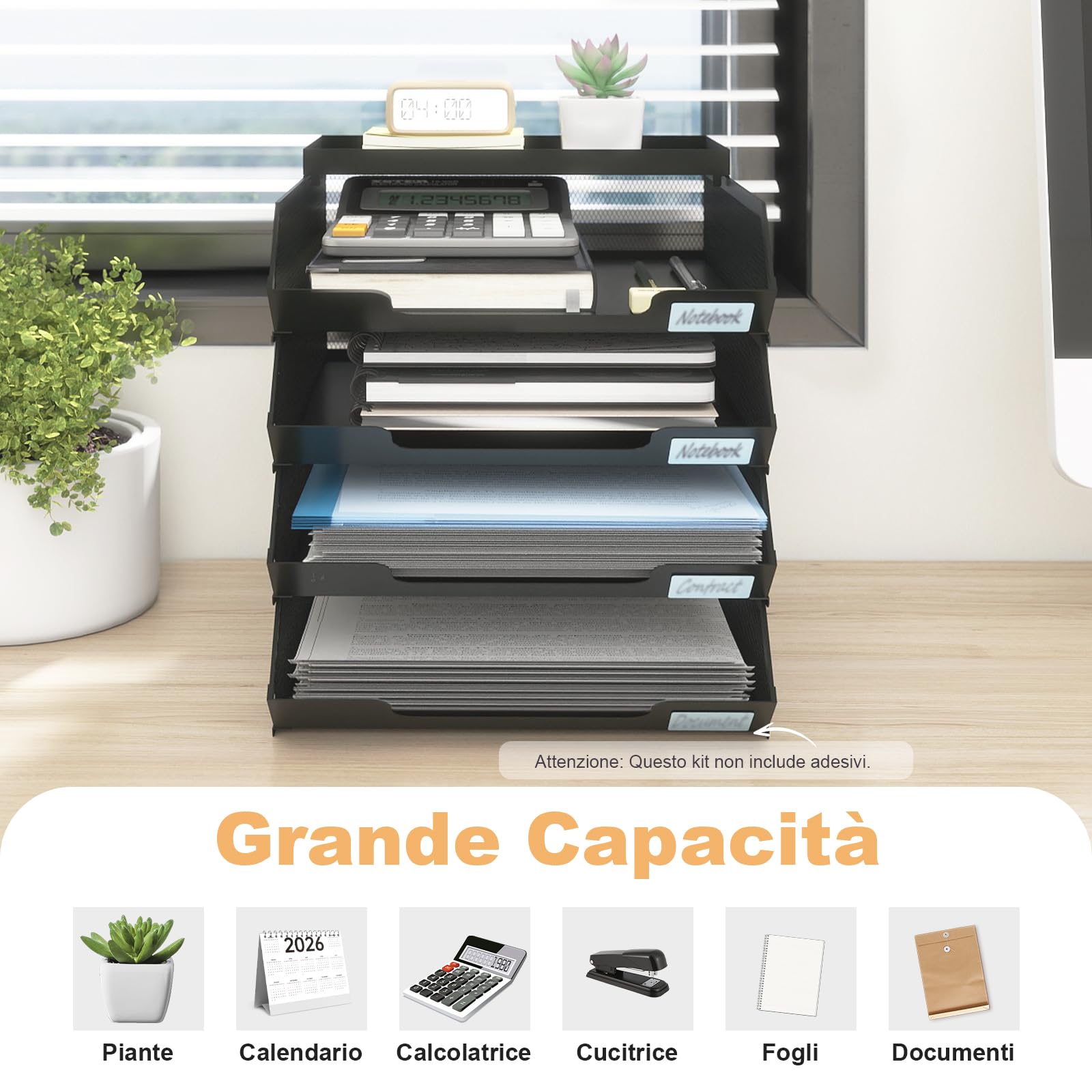 PUNCIA Corbeilles à Courrier 4 Niveaux avec Porte-Étiquette Métallique | Organiseur de Bureau Empilable Trieur A4 pour Bureau Rangement de Documents Courriers et Factures Design Gain de Place Noir