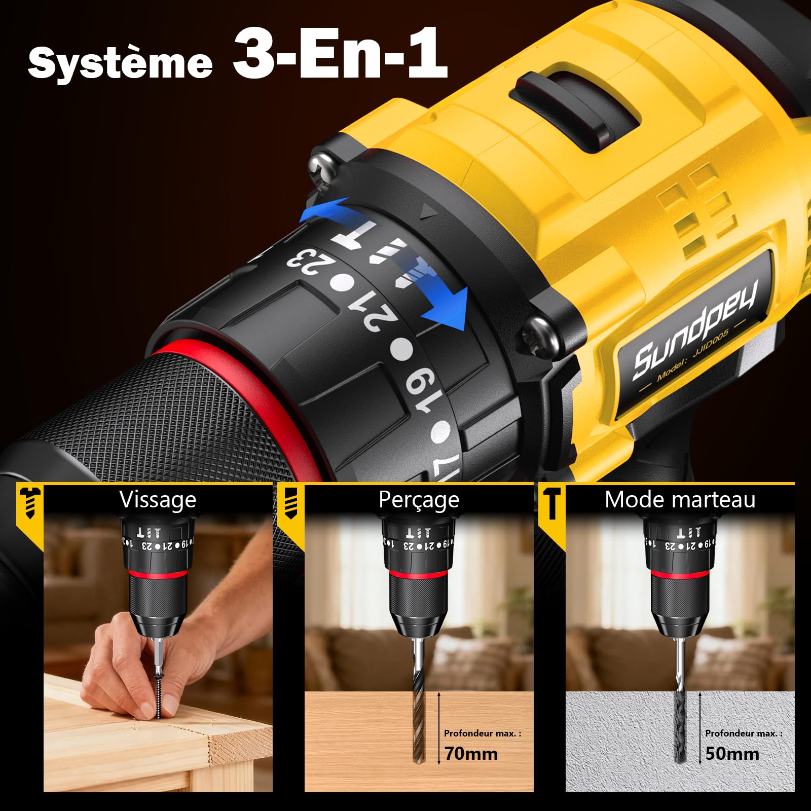 Sundpey Perceuse Visseuse Sans Fil 21V - Max 70Nm Perceuse à Percussion Brushless avec 2 Batteries 2.0Ah, 23+3 Réglages de Couple, Mandrin 10mm, LED, 2 Vitesses Visseuse Devisseuse Sans Fil Bricolage
