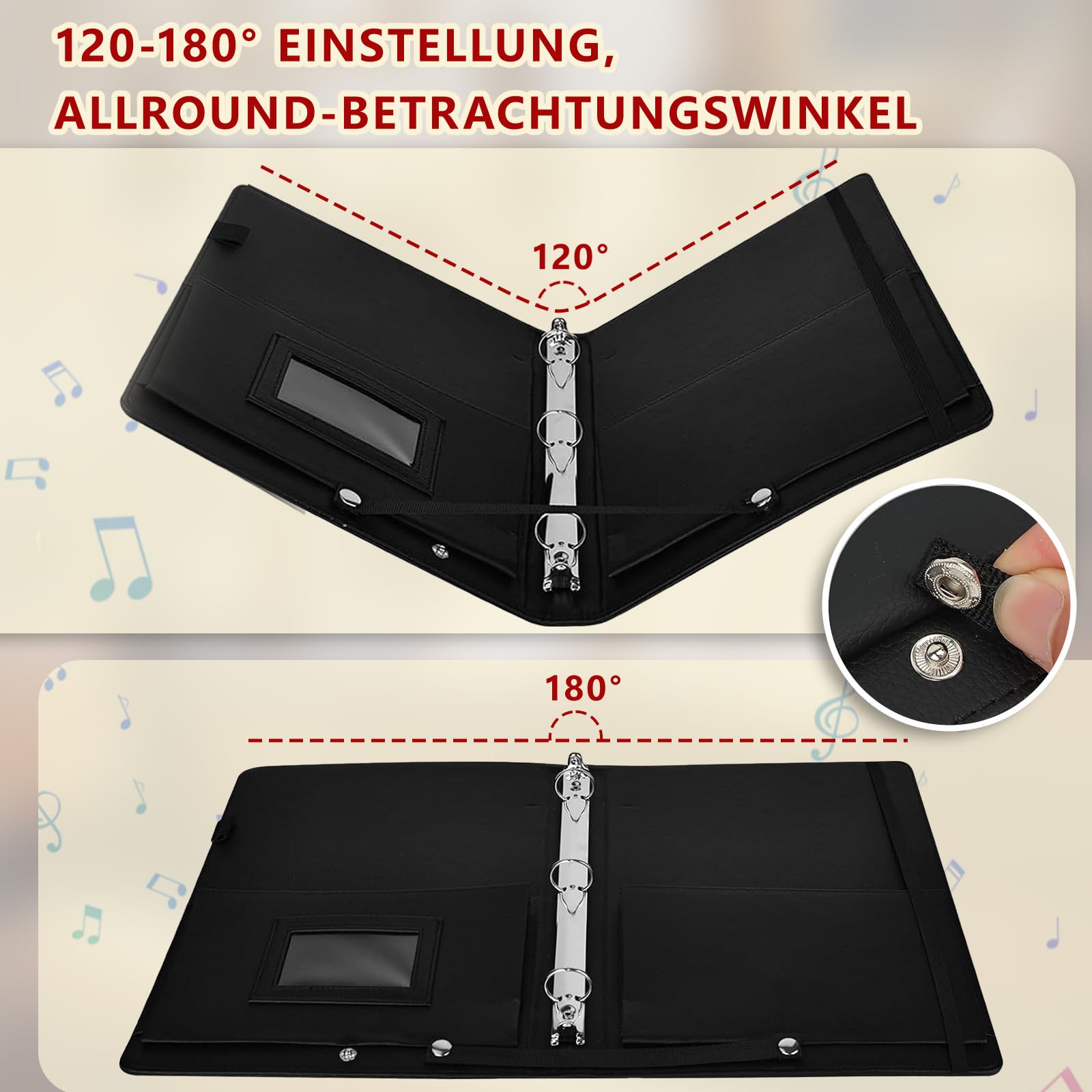 Carpeta para partituras A4 Coro Negro para cantantes con bolsillo interior y correa de mano de lujo a negro para partituras, carpeta para partituras A4 elastina – correa, función impermeable
