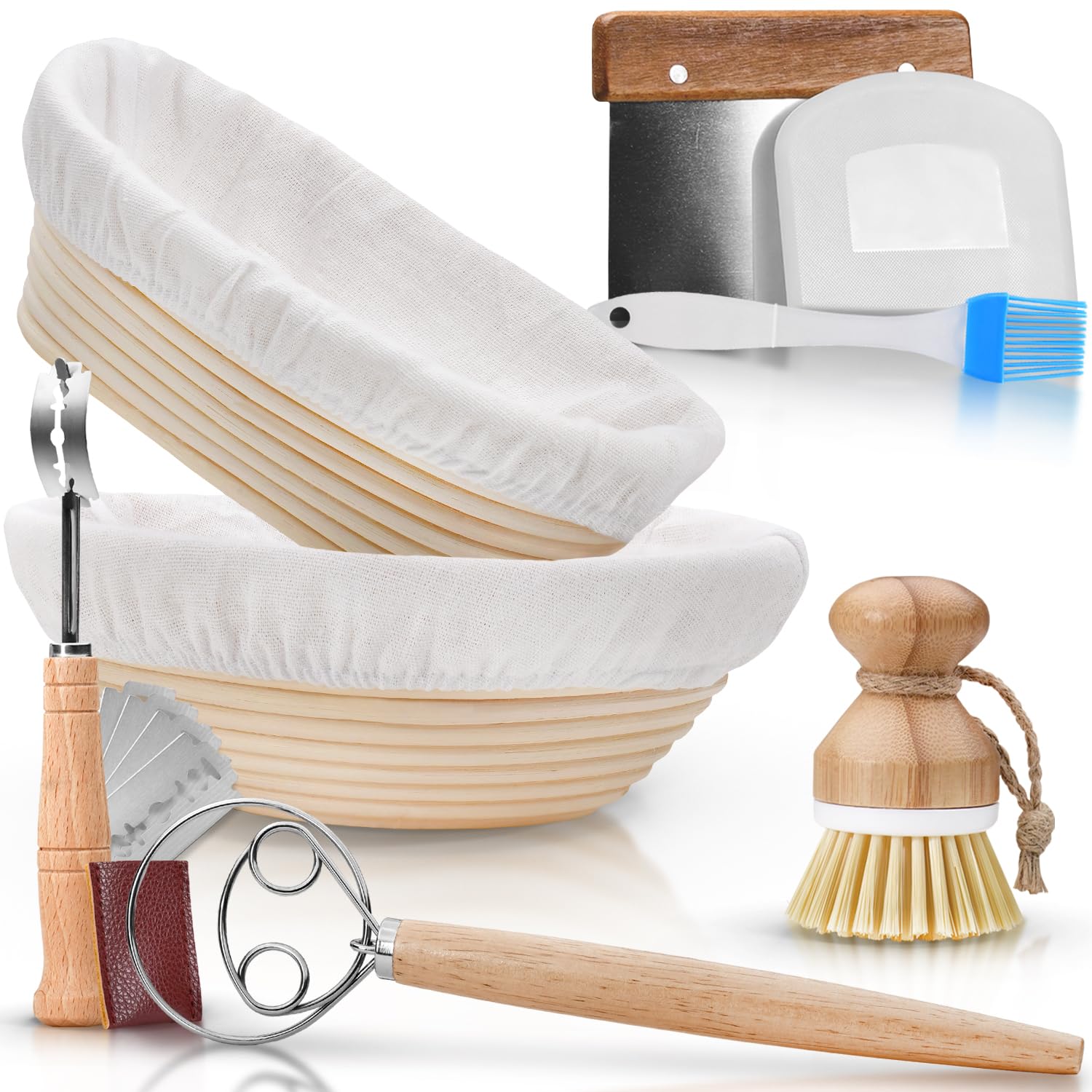 Paulson & Svenson - 2 cestini di lievitazione ovali in set completo per cuocere il pane – 100% rattan naturale – Include frusta, raschietto per pasta, panno di lino, pennello e coltello da forno