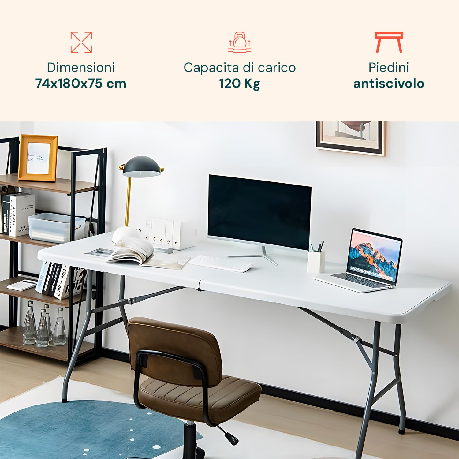 Avilia - Tavolo Pieghevole da Pranzo Salvaspazio per Cucina e Soggiorno, Richiudibile e Portatile con Blocco di Sicurezza, Superficie in HDPE per 6 Persone, 180x70x74 cm Bianco