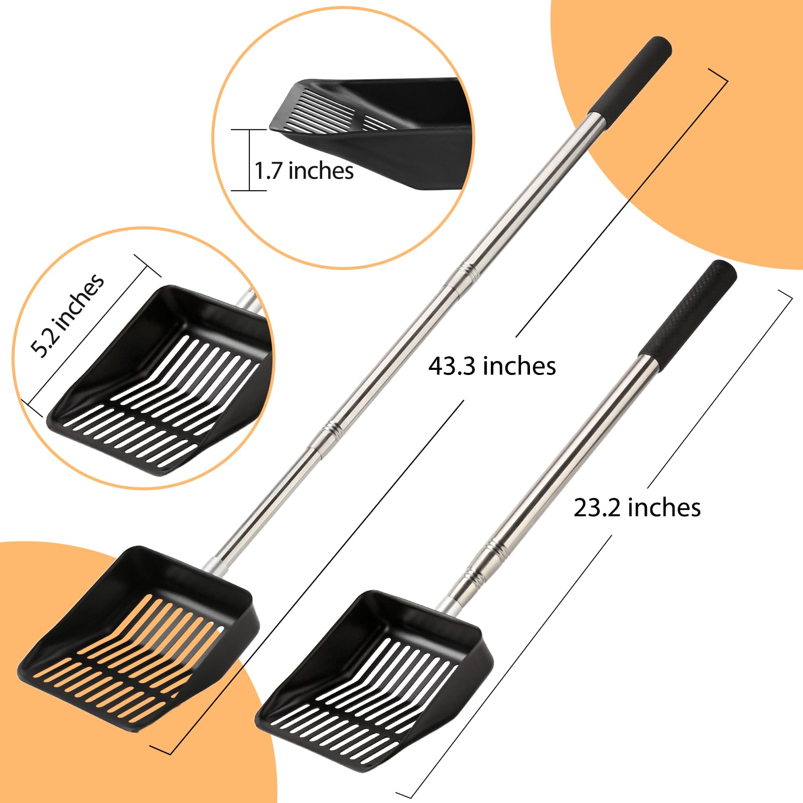 OVRRCSME 2Pcs Chicken Poop Scooper(23 to 43 inch), 304 Stainless Steels Adjustable Chicken Coop Rake,Chicken Coop Cleaning Tools Scoop for Chicken Coop Accessories