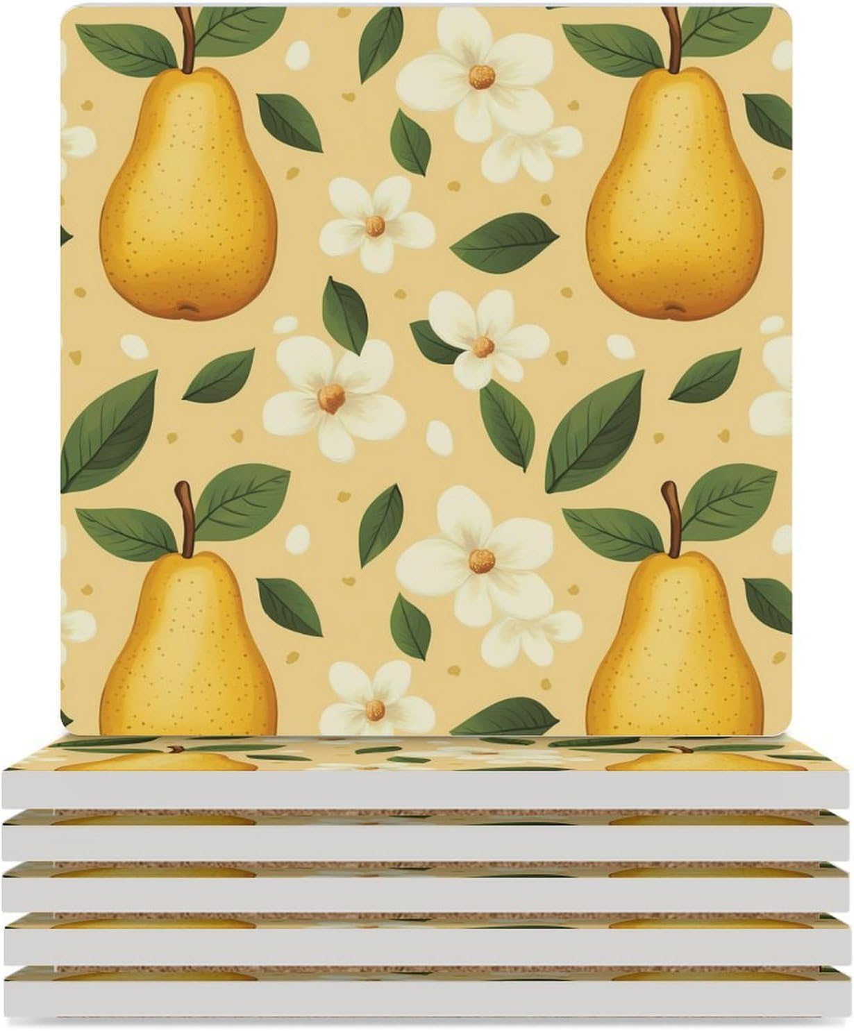 Pear Print Coasters for Drinks Square Table Coasters Set Cup Mats with Cork Base
