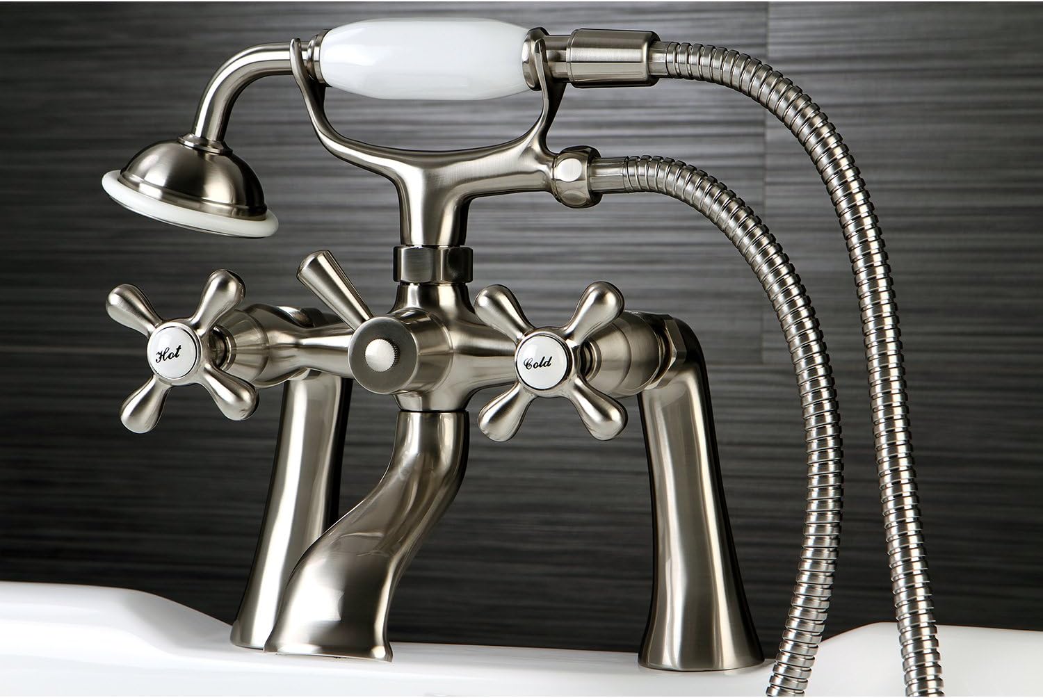 Kingston Brass Elements of Design ES2688X Victoria Deck Mount Clawfoot Tub Filler with Hand Shower, 6', Brushed Nickel