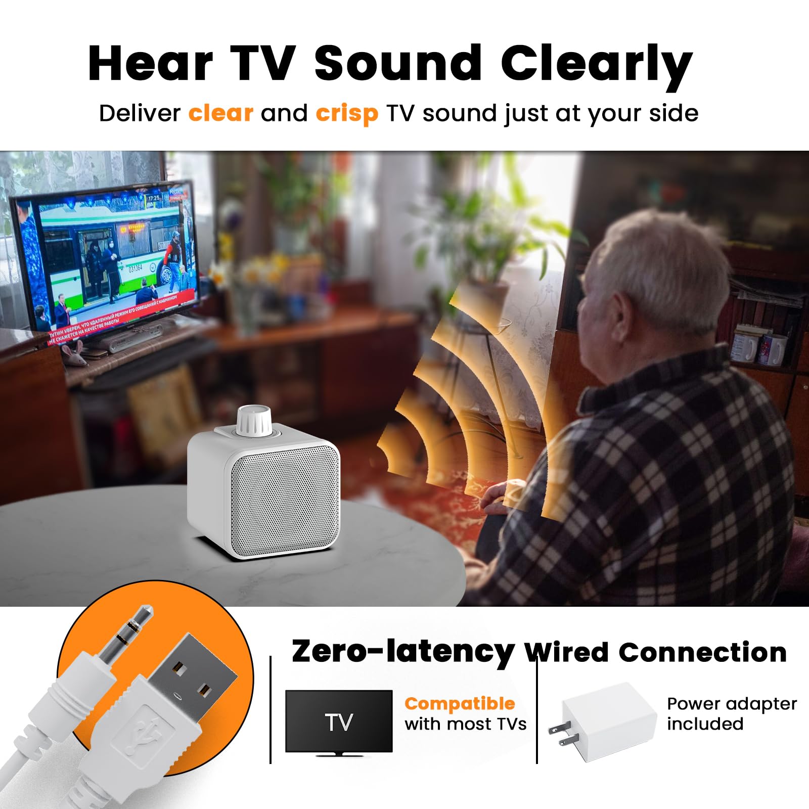 ANSTEN Altoparlanti cablati per TV senza ritardo, mini altoparlante TV chiaro con cavo lungo 5 m, altoparlante personale con jack per cuffie, funzionamento facile, altoparlanti TV per problemi di