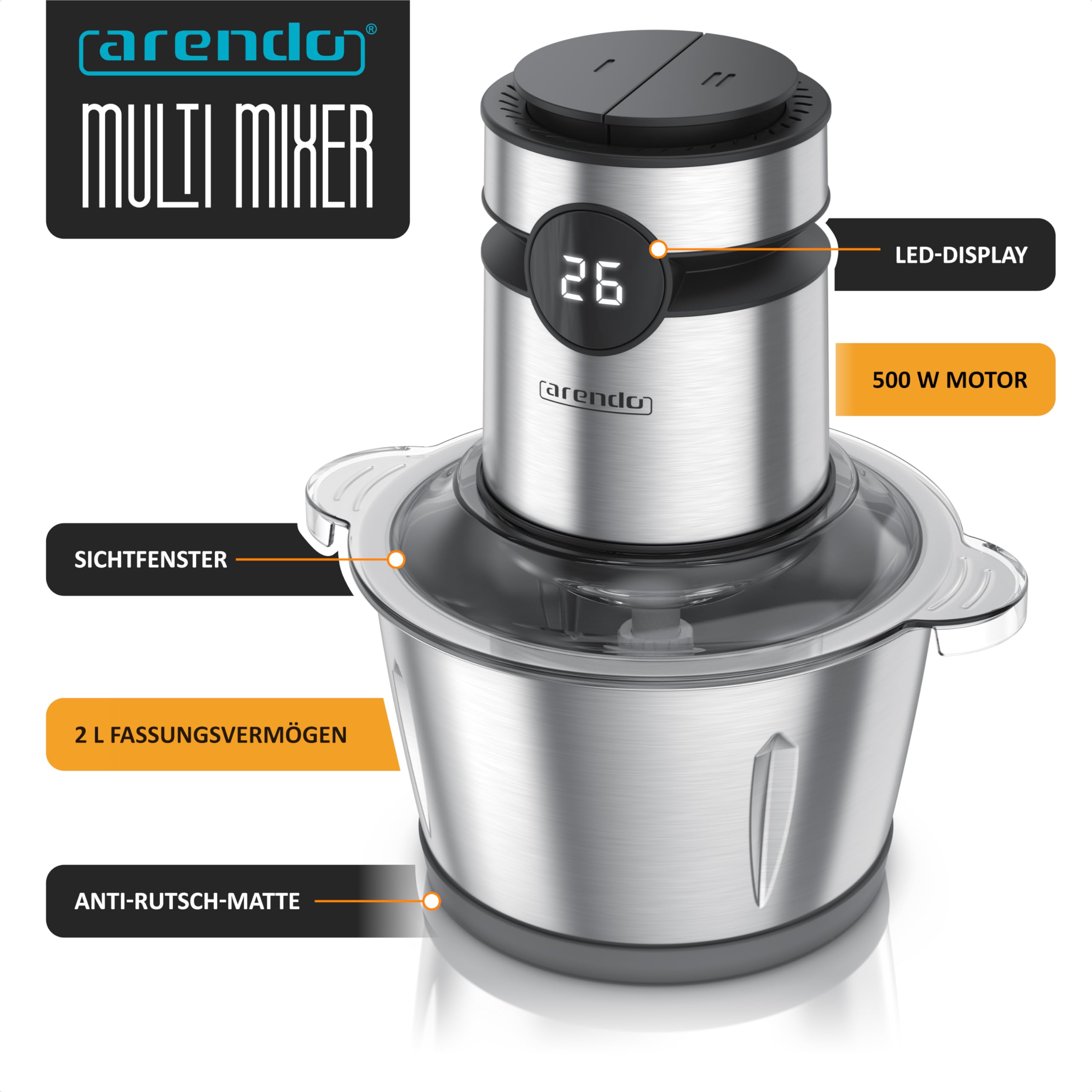 Arendo - Multi Zerkleinerer elektrisch Edelstahl – extra starker 500 W Motor – 2 L Fassungsvermögen – Universalzerkleinerer – mit Edelstahl-Mixbehälter – für Fleisch Nüsse Obst Gemüse u.v.m.